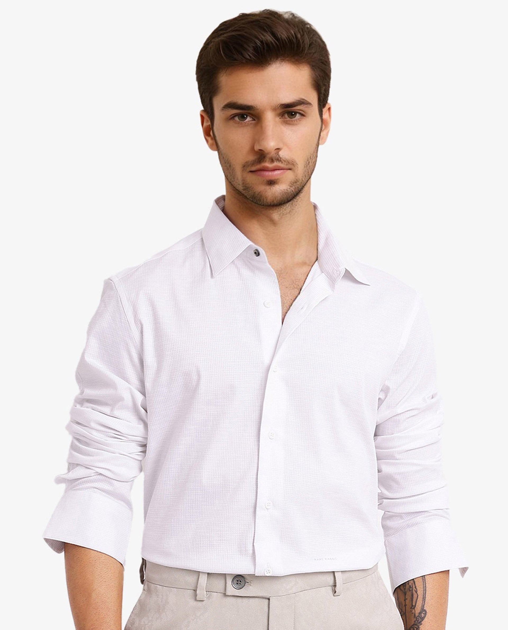 Rare Rabbit Men's Auxon White Polyester Cotton Fabric Blend Full Sleeve Regular Fit Solid Textured Shirt