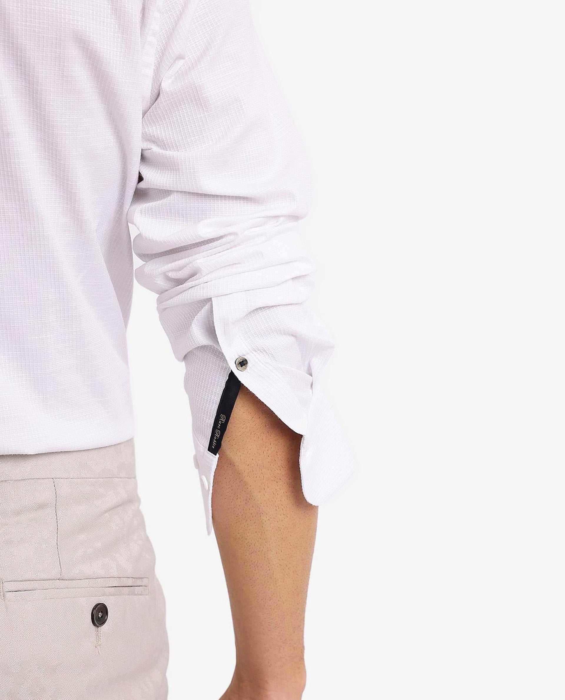 Rare Rabbit Men's Auxon White Polyester Cotton Fabric Blend Full Sleeve Regular Fit Solid Textured Shirt