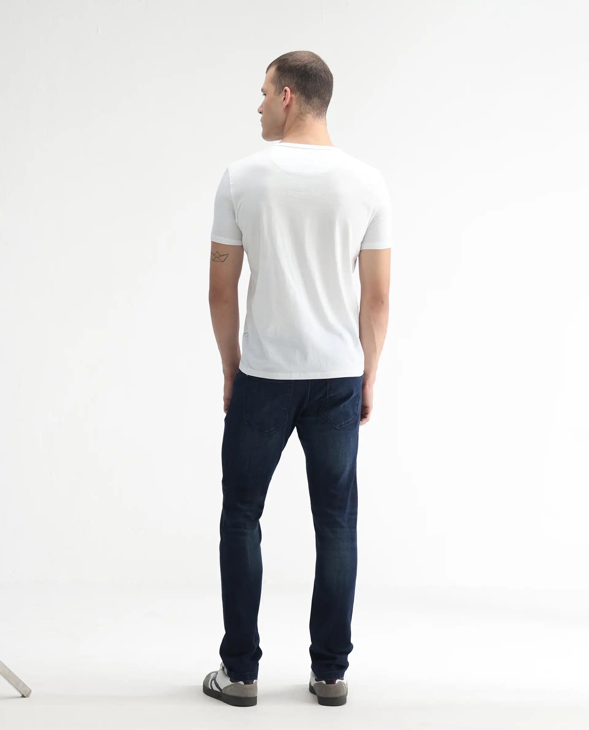Rare Rabbit Men's Avalon Dark Blue Cotton Plain Hawk Slim Fit Jeans