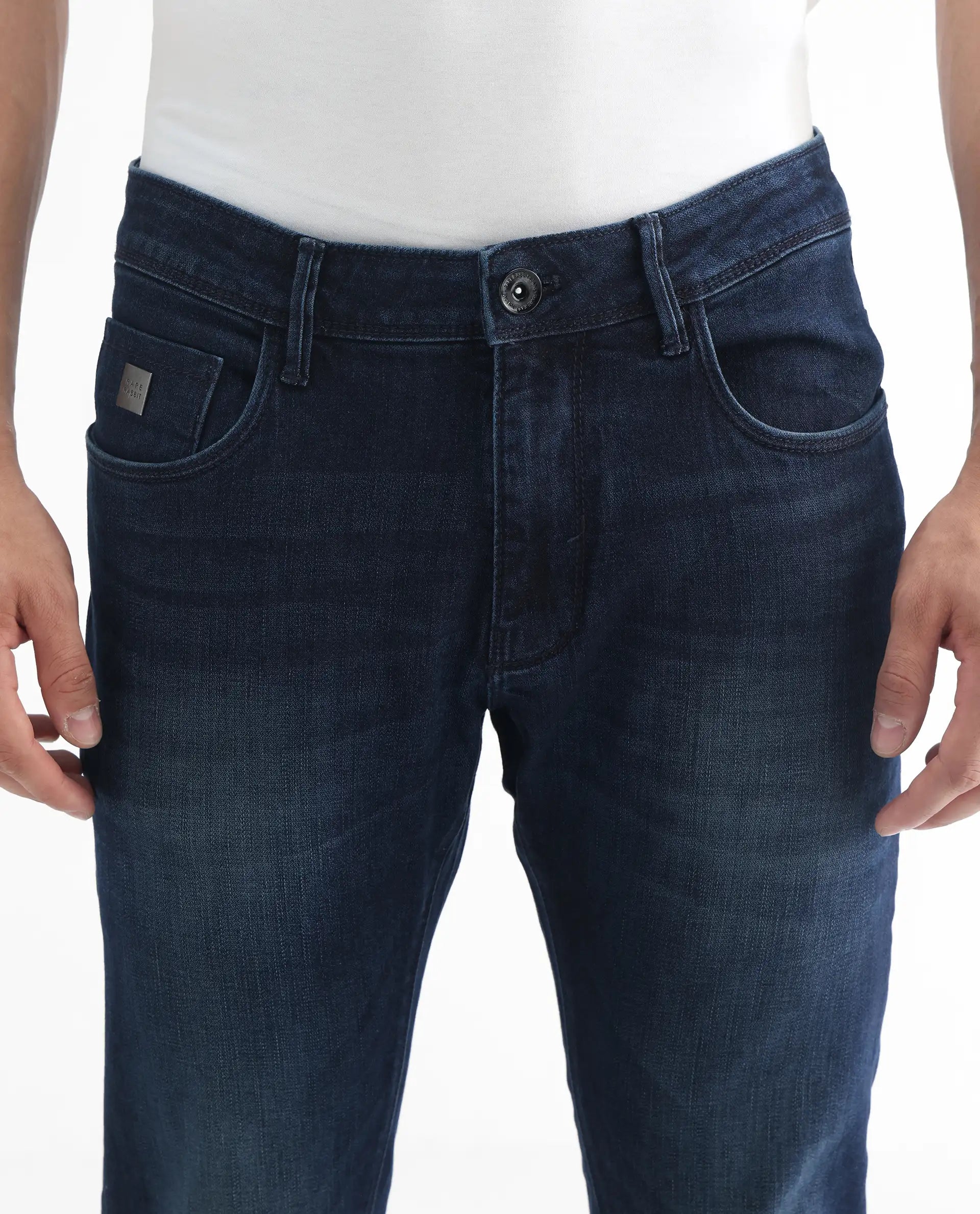 Rare Rabbit Men's Avalon Dark Blue Cotton Plain Hawk Slim Fit Jeans