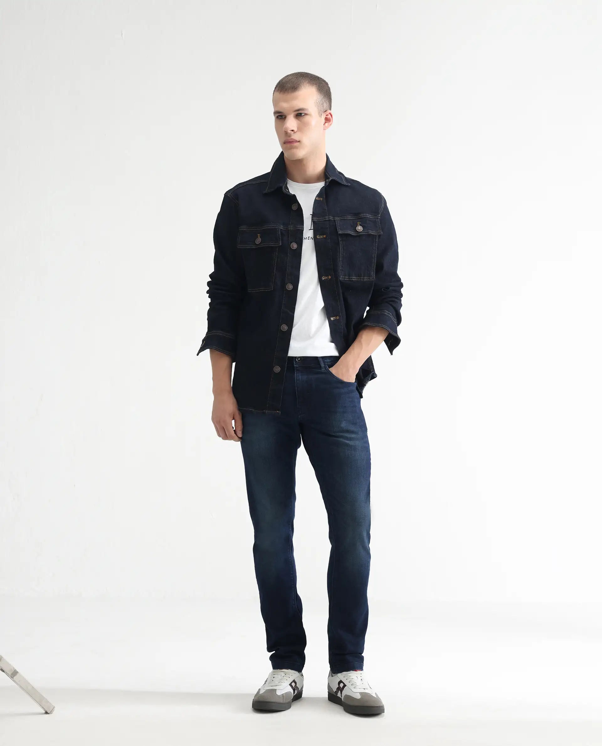 Rare Rabbit Men's Avalon Dark Blue Cotton Plain Hawk Slim Fit Jeans