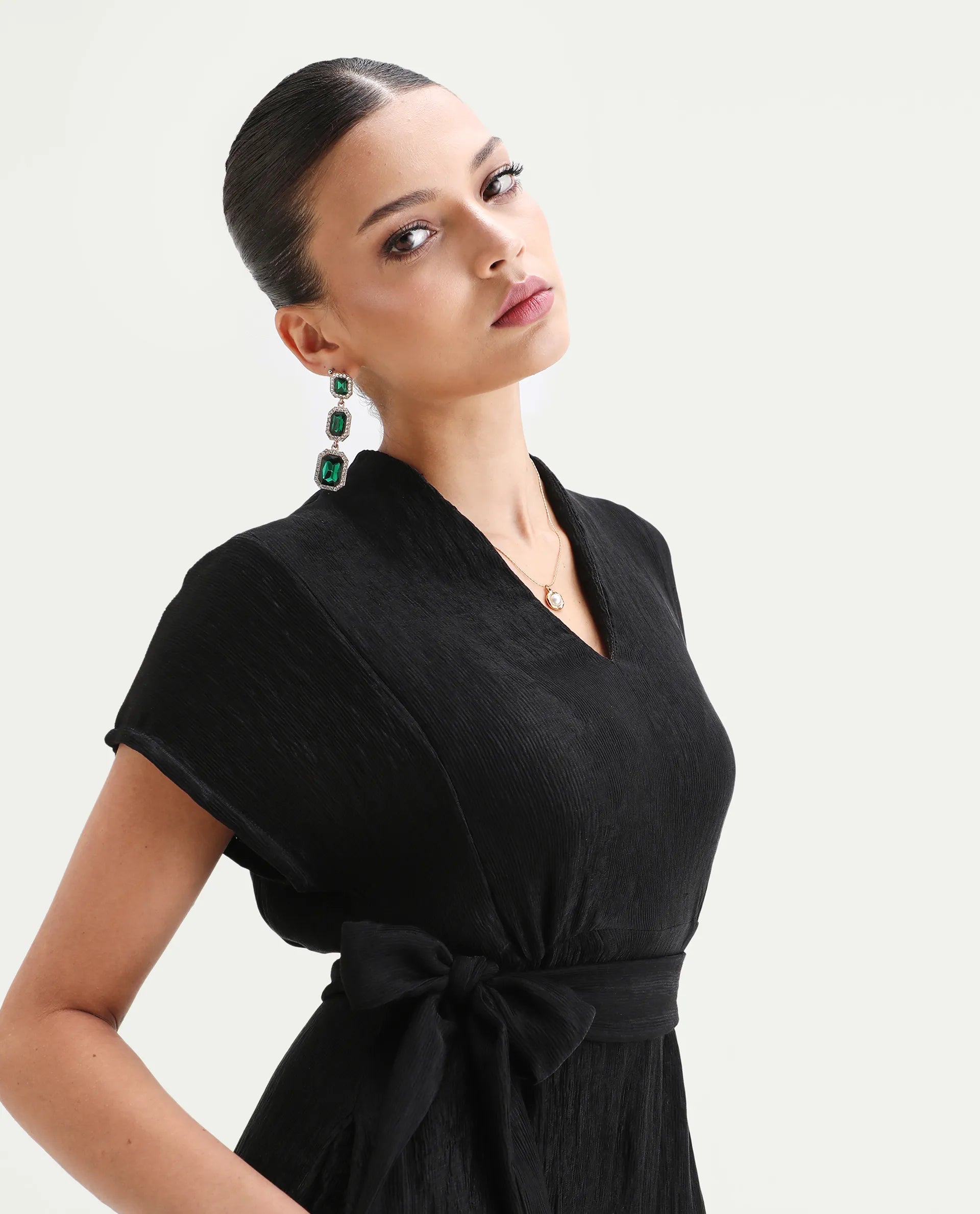 Rareism Women's Aviha Black Nylon Blend V-Neck Flared Plain Dress