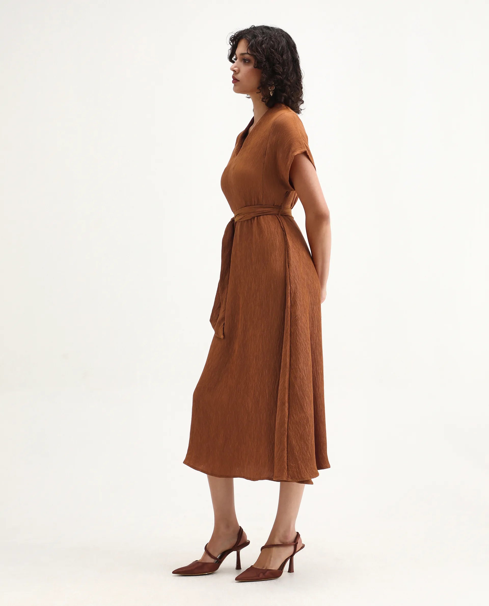 Rareism Women's Aviha Rust Nylon Blend V-Neck Fit And Flare Plain Dress