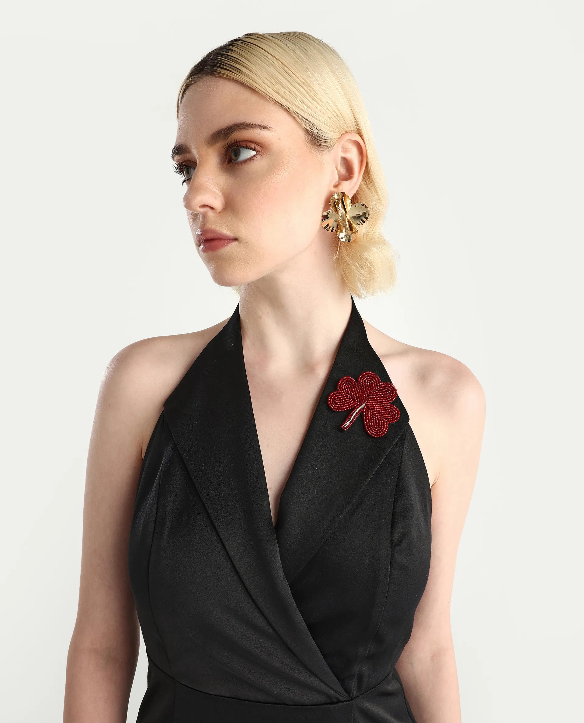 Rareism Women's Avila Black Polyester Halter Neck Fitted Plain Dress