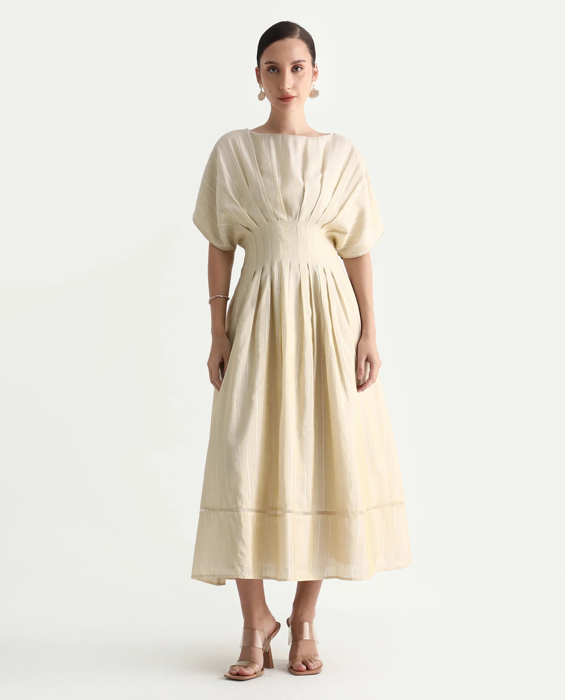 Rareism Women's Avimi Off White Viscose Round Neck Fit And Flare Plain Midi Dress