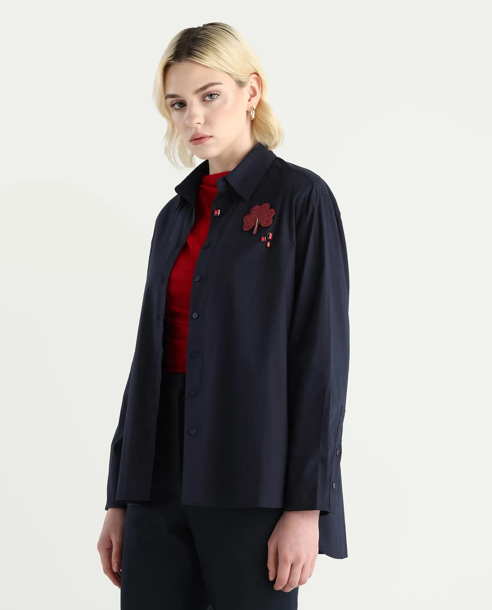 Rareism Women's Avion Navy Cotton Blend Collared Neck Boxy Fit Shirt