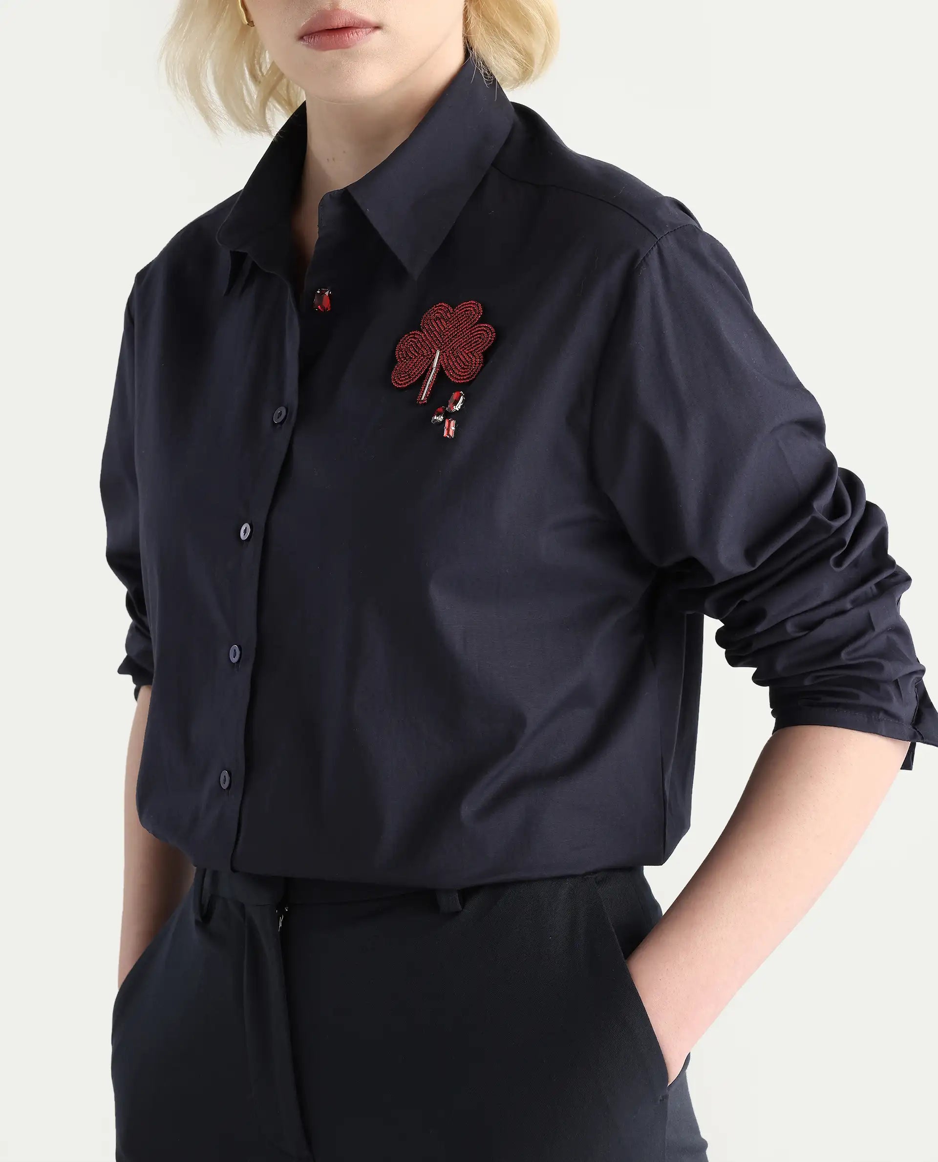 Rareism Women's Avion Navy Cotton Blend Collared Neck Boxy Fit Shirt