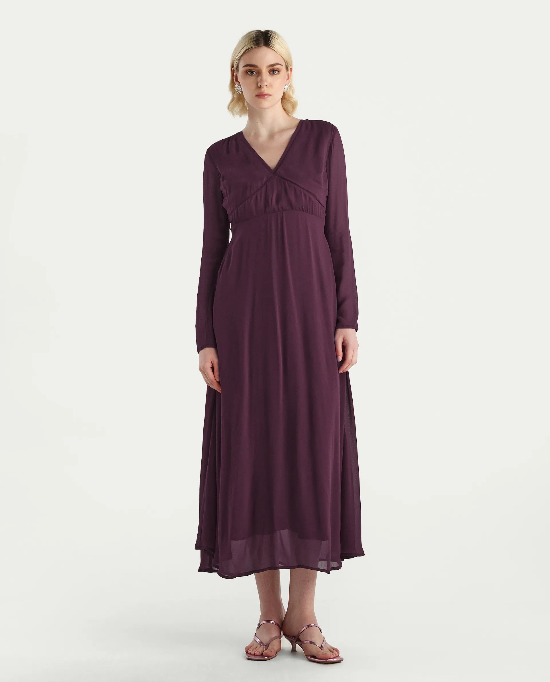 Rareism Women's Aviri Maroon Viscose V-Neck Fit And Flare Plain Dress