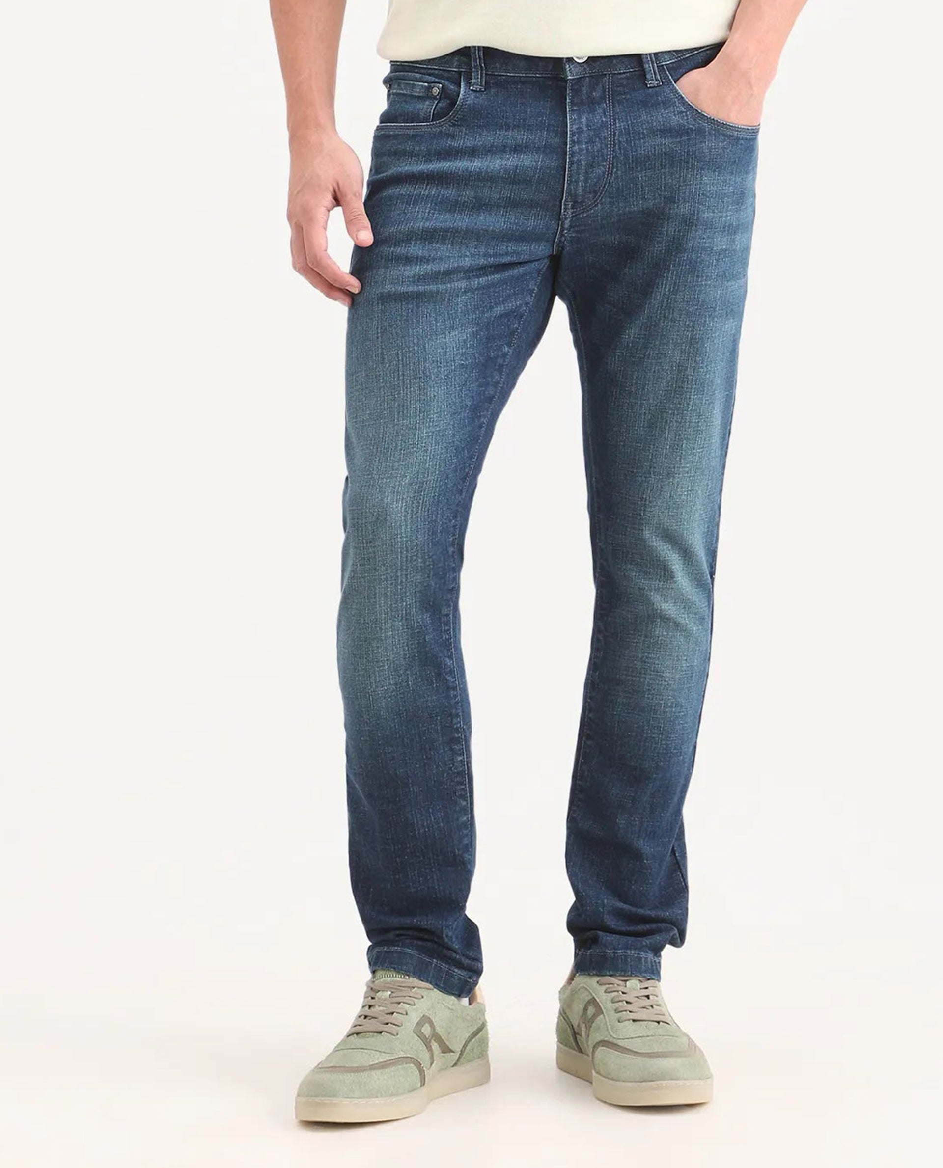 Rare Rabbit Men's Axel H Blue Cotton Blend Hawk Slim Fit Plain Jeans
