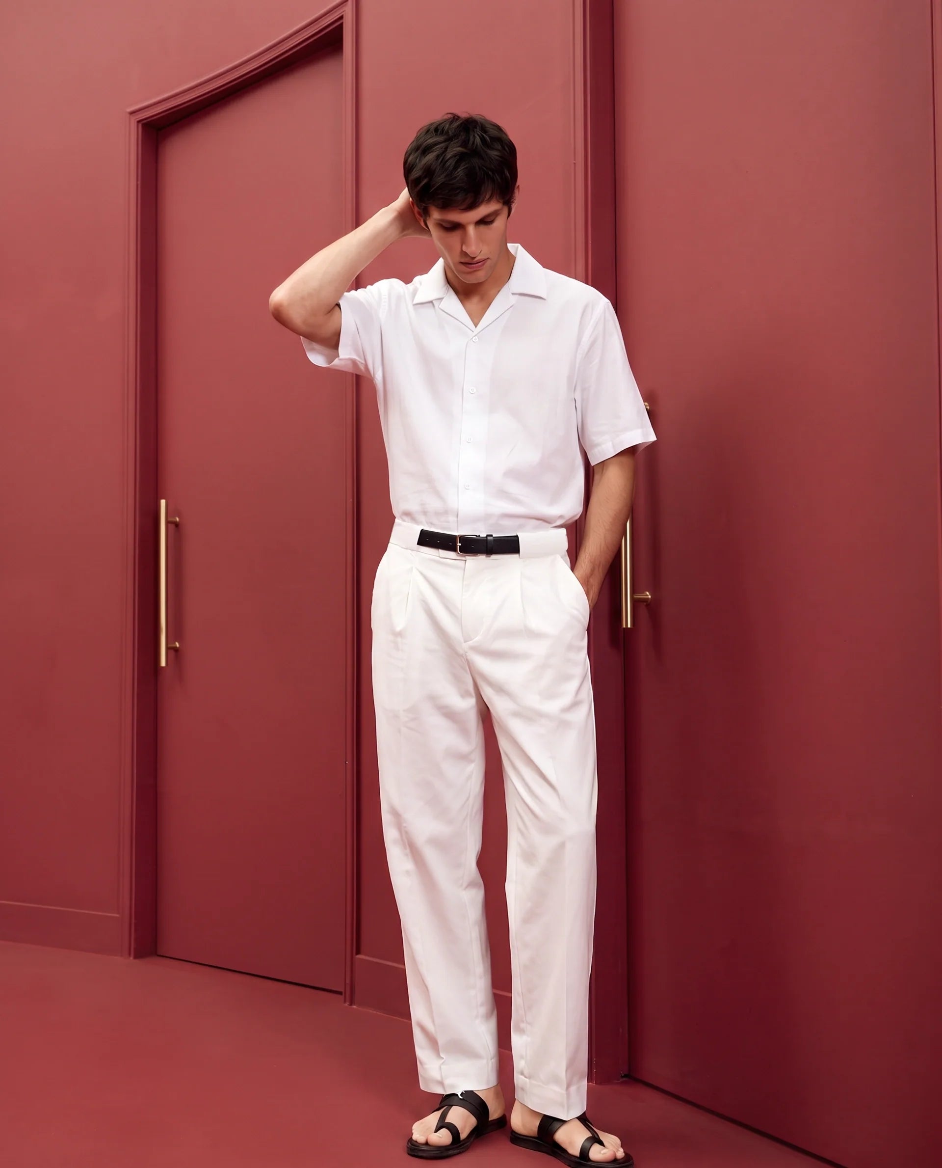 Rare Rabbit Men's Axie White Cotton Blend Plain Wide Leg Trouser