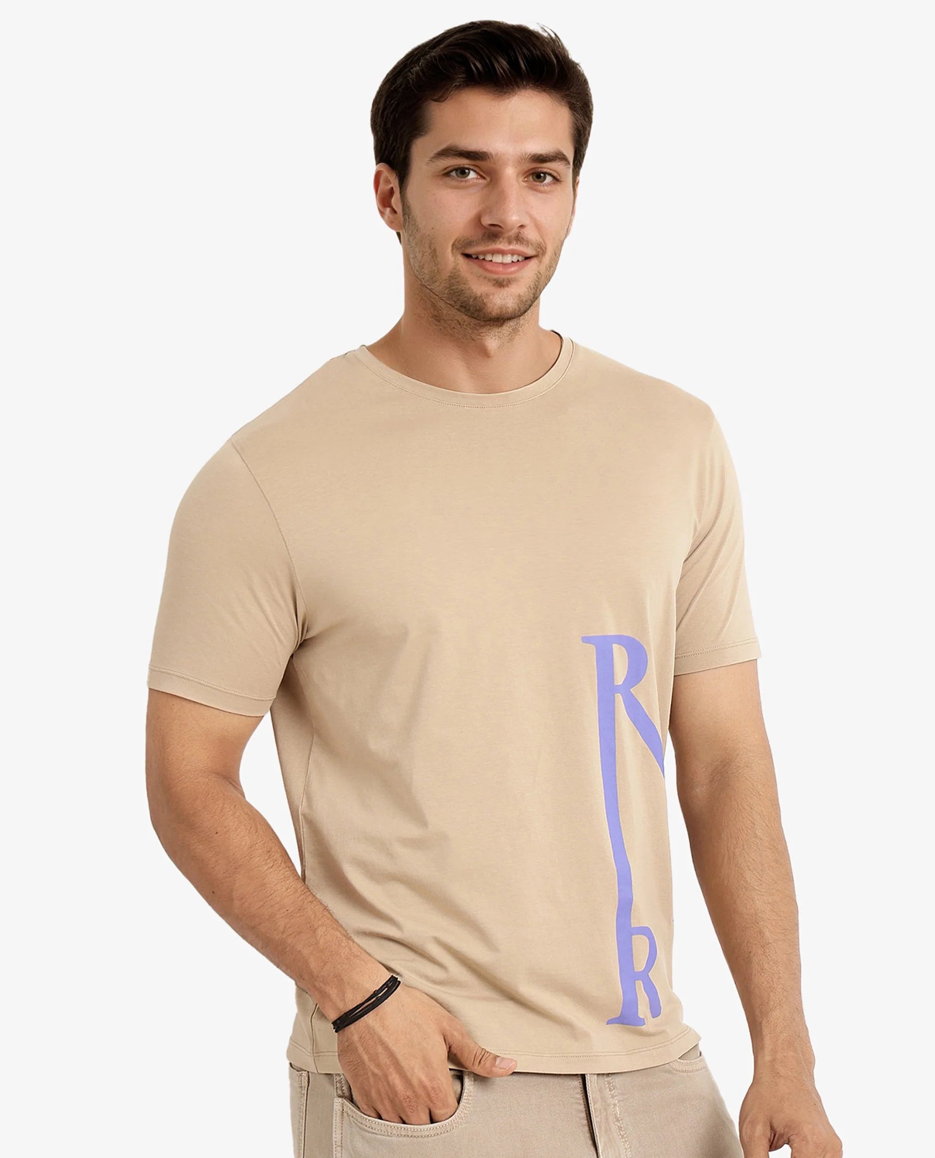 Rare Rabbit Men Ayden Beige Cotton Lycra Fabric Short Sleeve Crew Neck Regular Fit Graphic Print T-Shirt