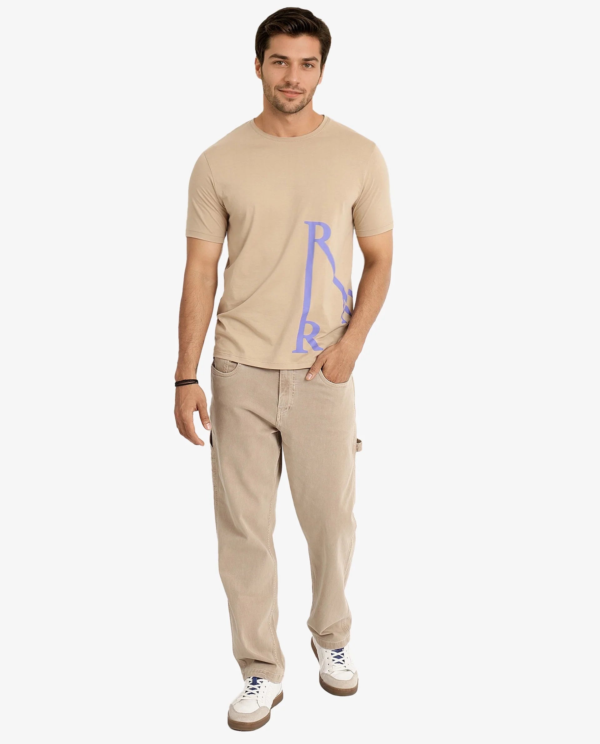 Rare Rabbit Men Ayden Beige Cotton Lycra Fabric Short Sleeve Crew Neck Regular Fit Graphic Print T-Shirt