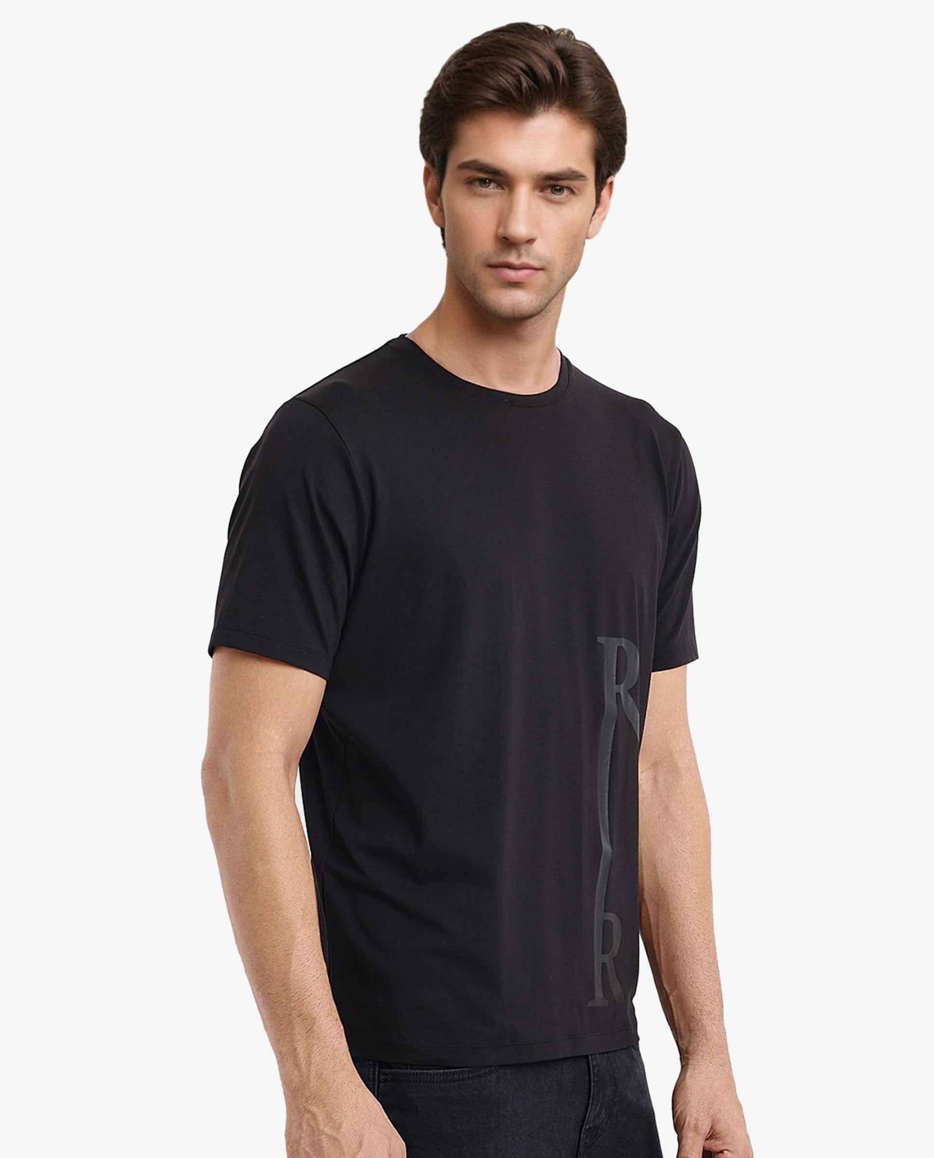 Rare Rabbit Men Ayden Black Cotton Lycra Fabric Short Sleeve Crew Neck Regular Fit Graphic Print T-Shirt