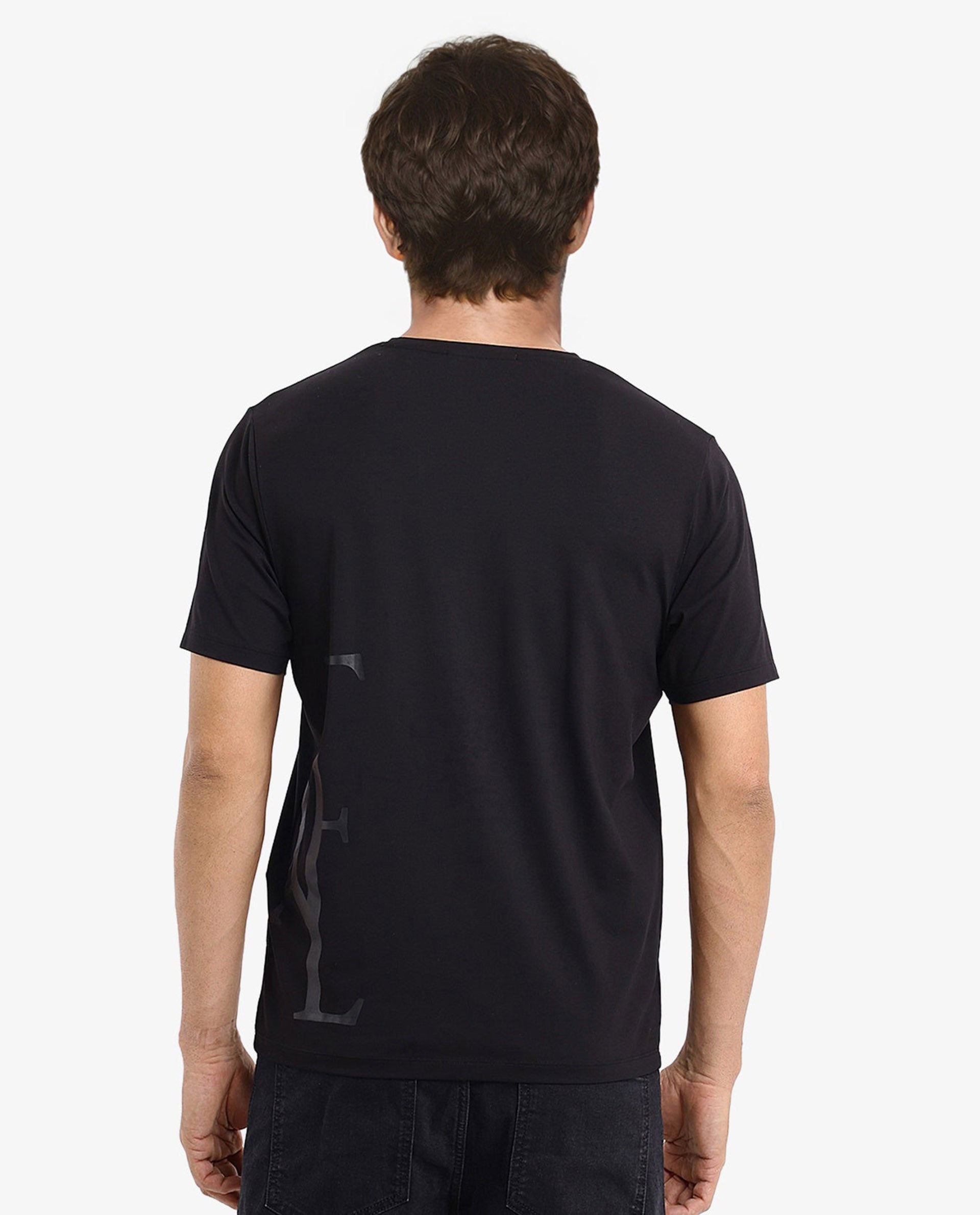 Rare Rabbit Men Ayden Black Cotton Lycra Fabric Short Sleeve Crew Neck Regular Fit Graphic Print T-Shirt