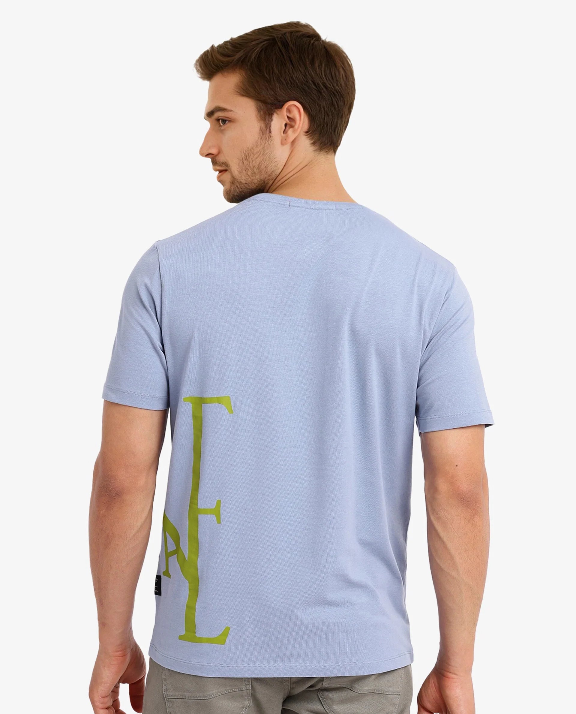 Rare Rabbit Men Ayden Light Blue Cotton Lycra Fabric Short Sleeve Crew Neck Regular Fit Graphic Print T-Shirt