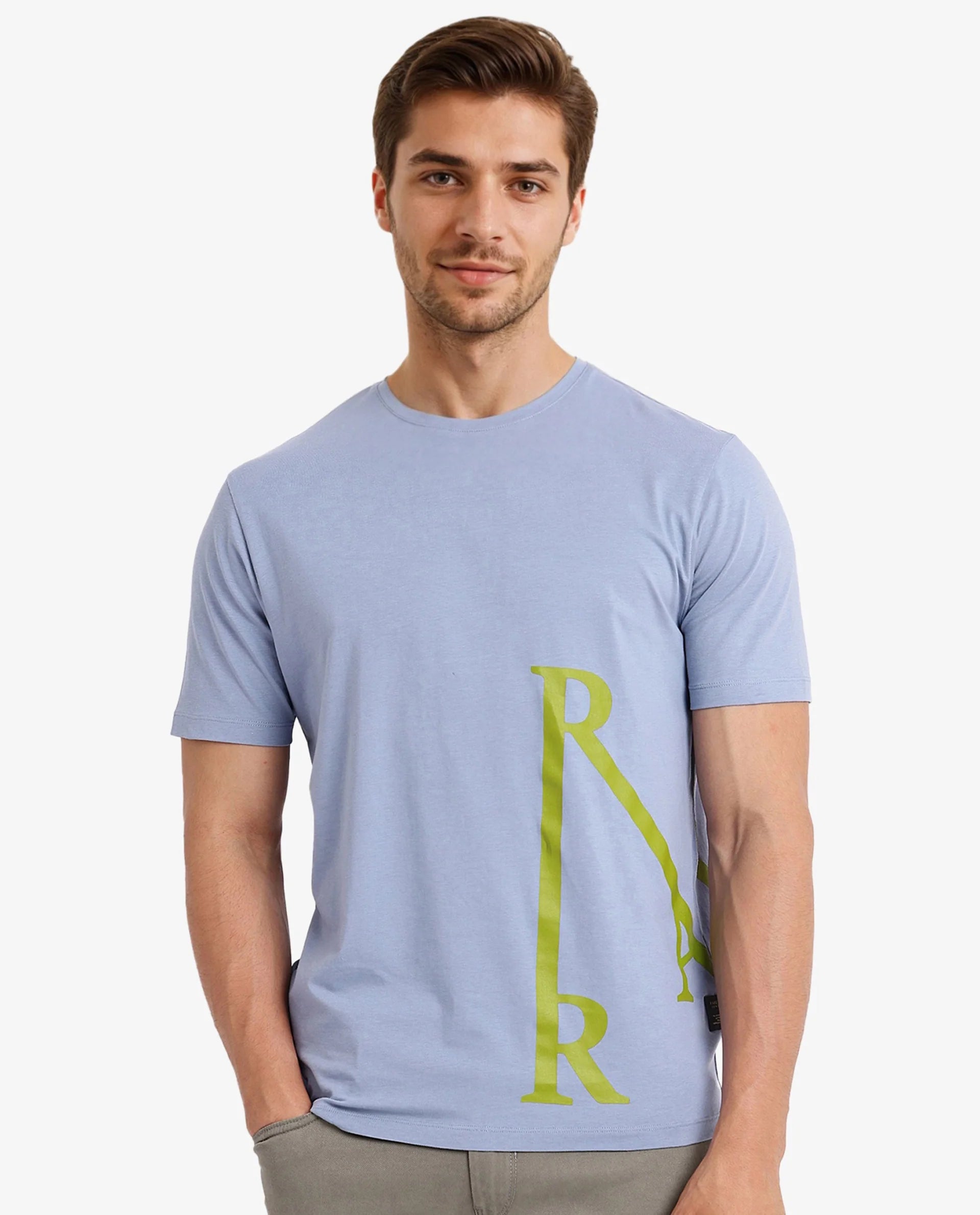 Rare Rabbit Men Ayden Light Blue Cotton Lycra Fabric Short Sleeve Crew Neck Regular Fit Graphic Print T-Shirt