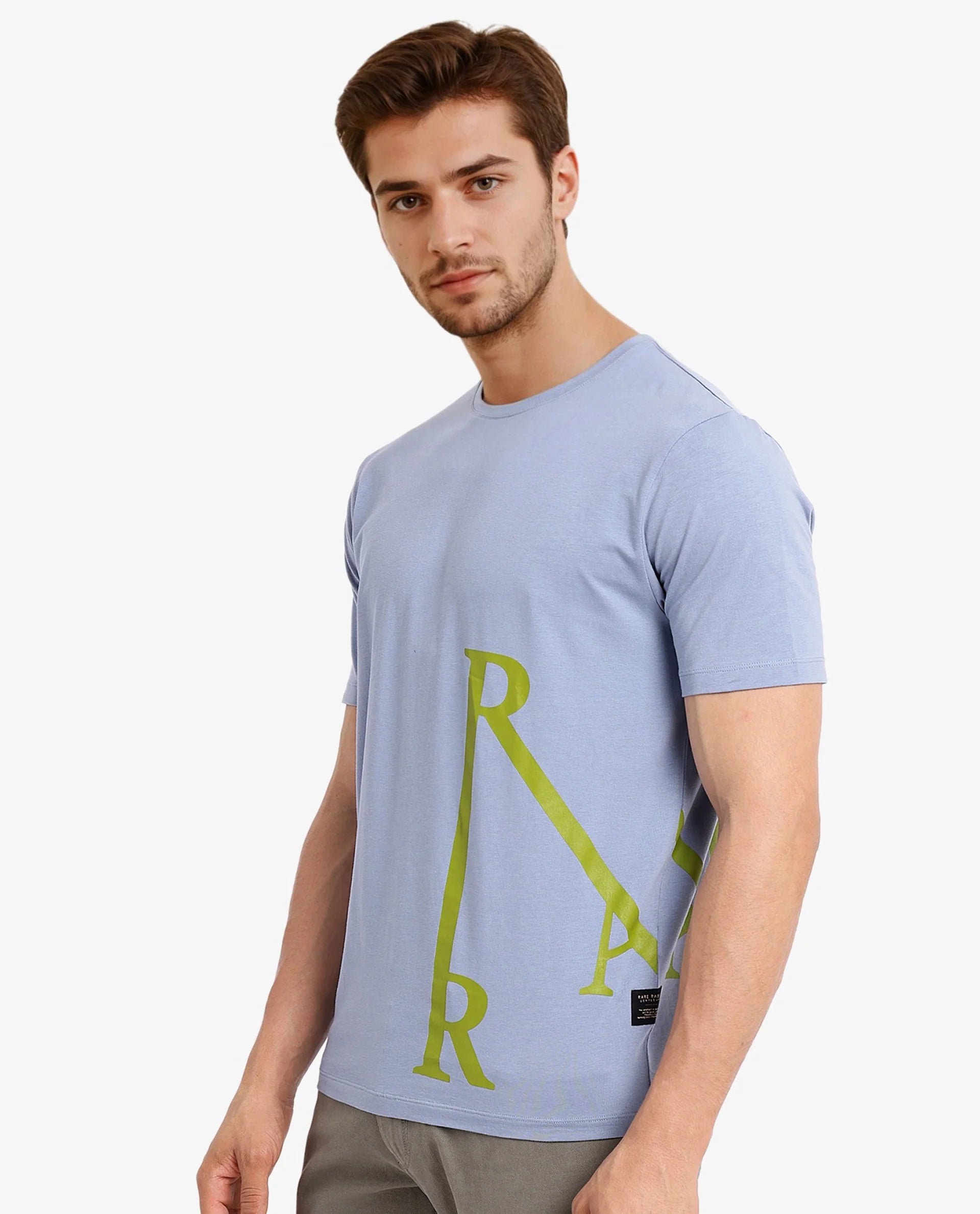 Rare Rabbit Men Ayden Light Blue Cotton Lycra Fabric Short Sleeve Crew Neck Regular Fit Graphic Print T-Shirt