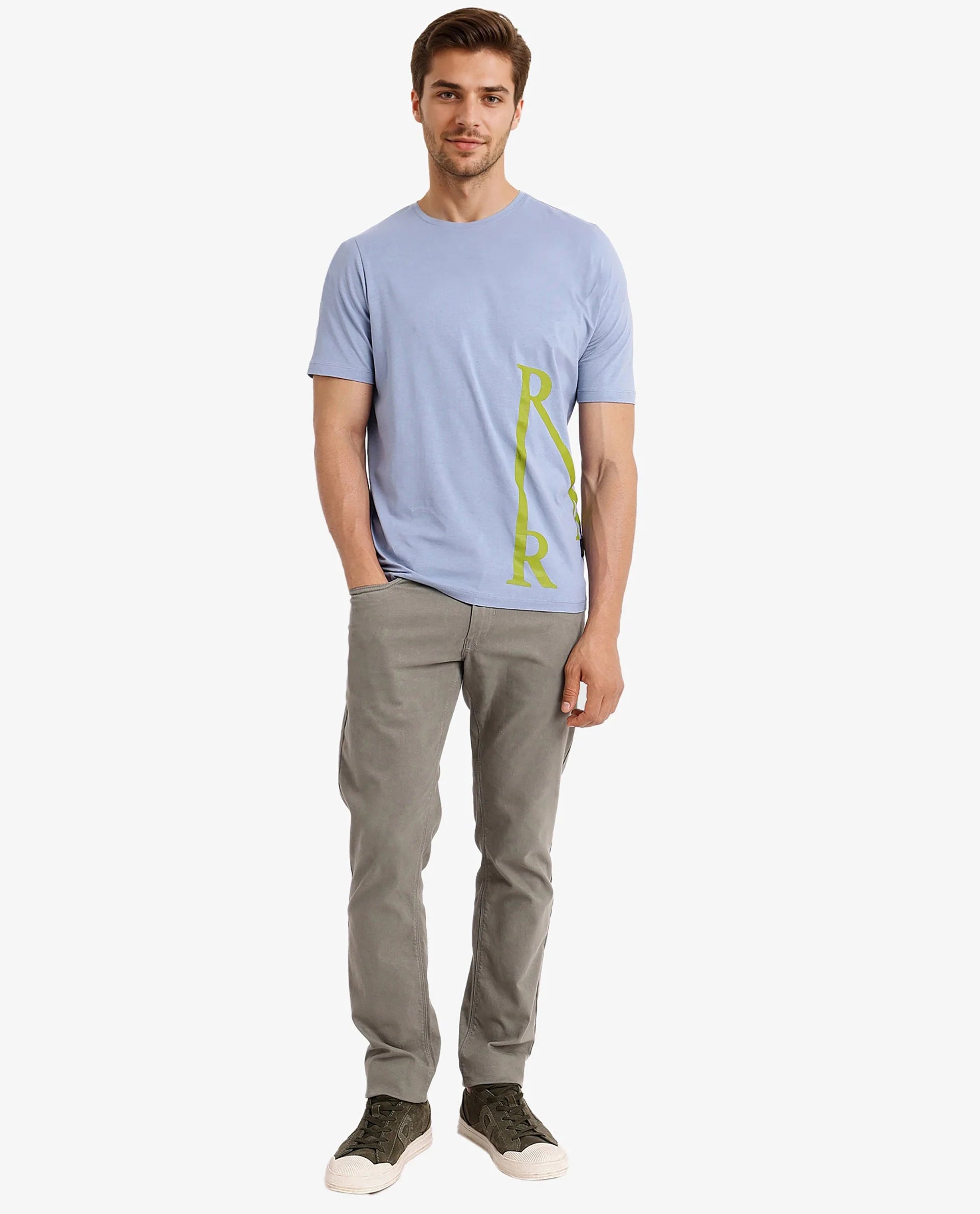 Rare Rabbit Men Ayden Light Blue Cotton Lycra Fabric Short Sleeve Crew Neck Regular Fit Graphic Print T-Shirt