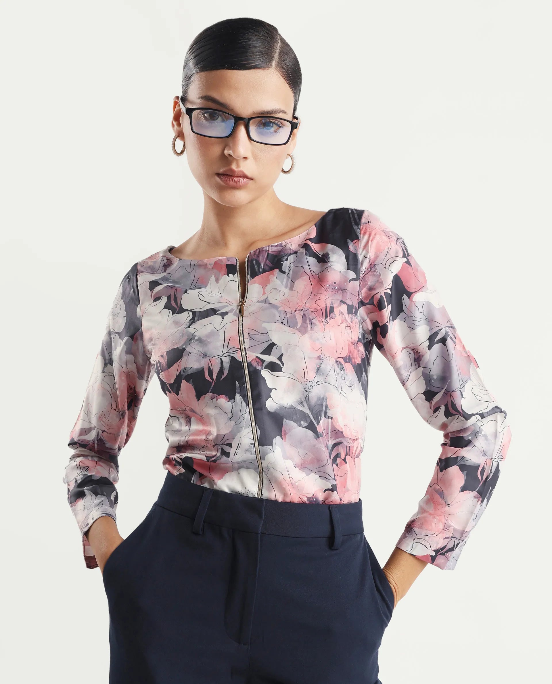 Rareism Women's Aydino Multi Satin Crew Neck Floral Print Crop Regular Fit Top