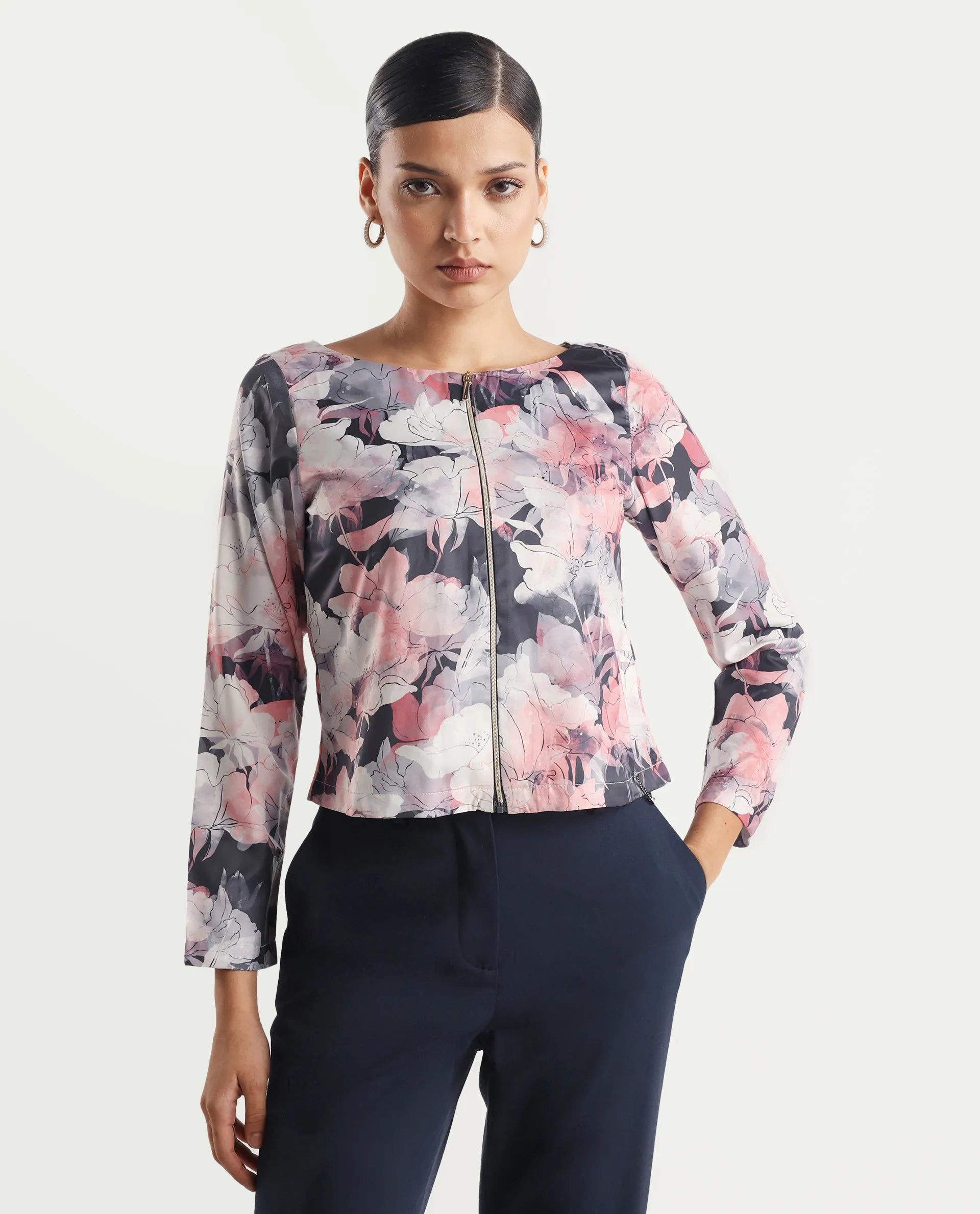 Rareism Women's Aydino Multi Satin Crew Neck Floral Print Crop Regular Fit Top