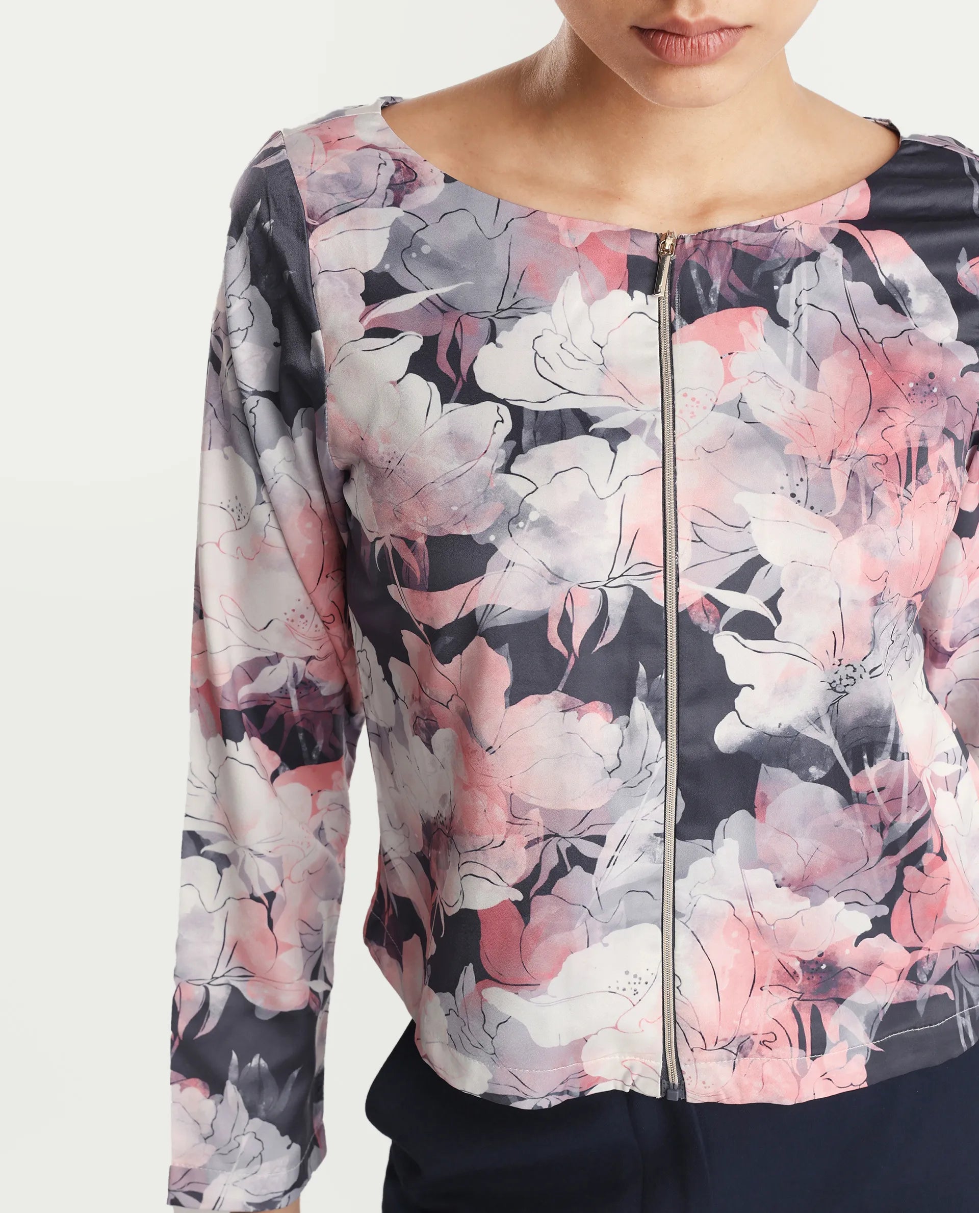 Rareism Women's Aydino Multi Satin Crew Neck Floral Print Crop Regular Fit Top