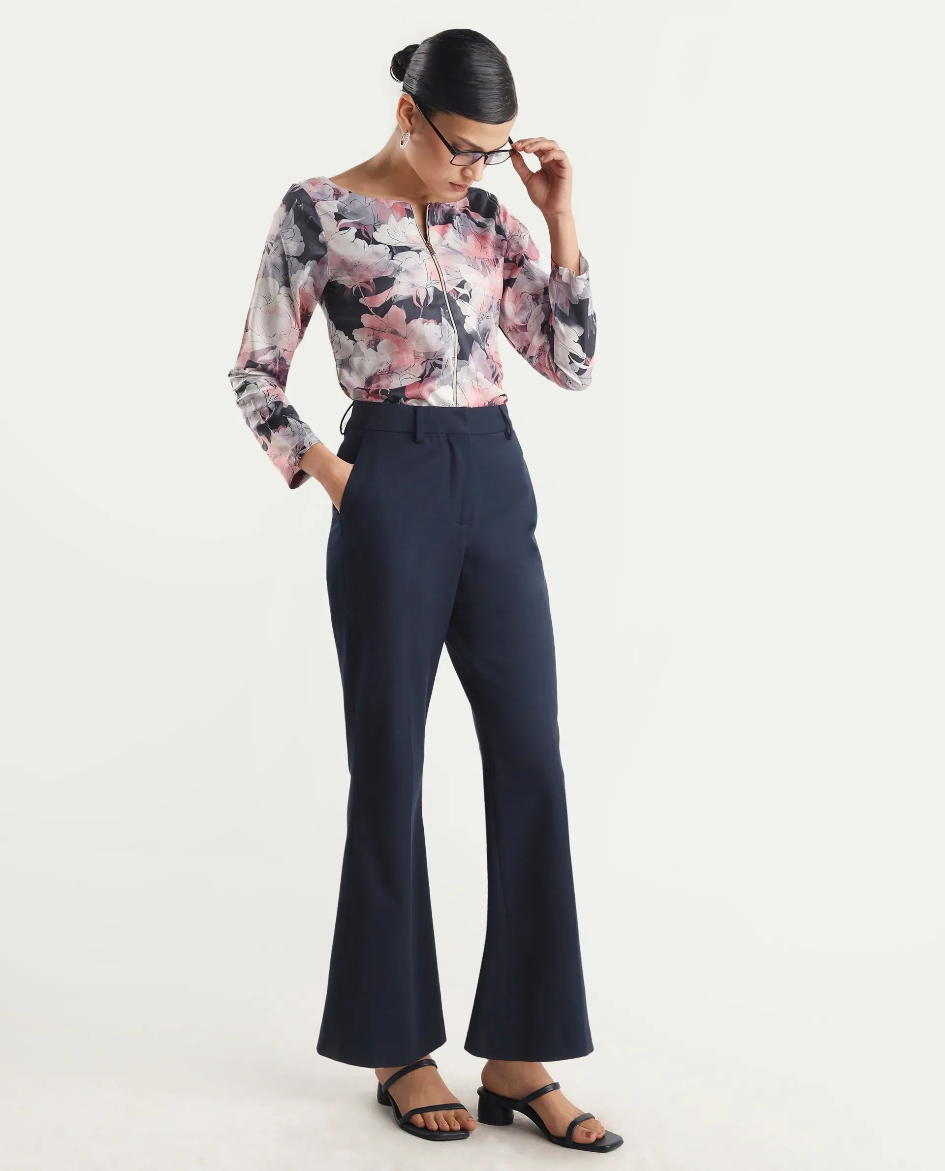 Rareism Women's Aydino Multi Satin Crew Neck Floral Print Crop Regular Fit Top