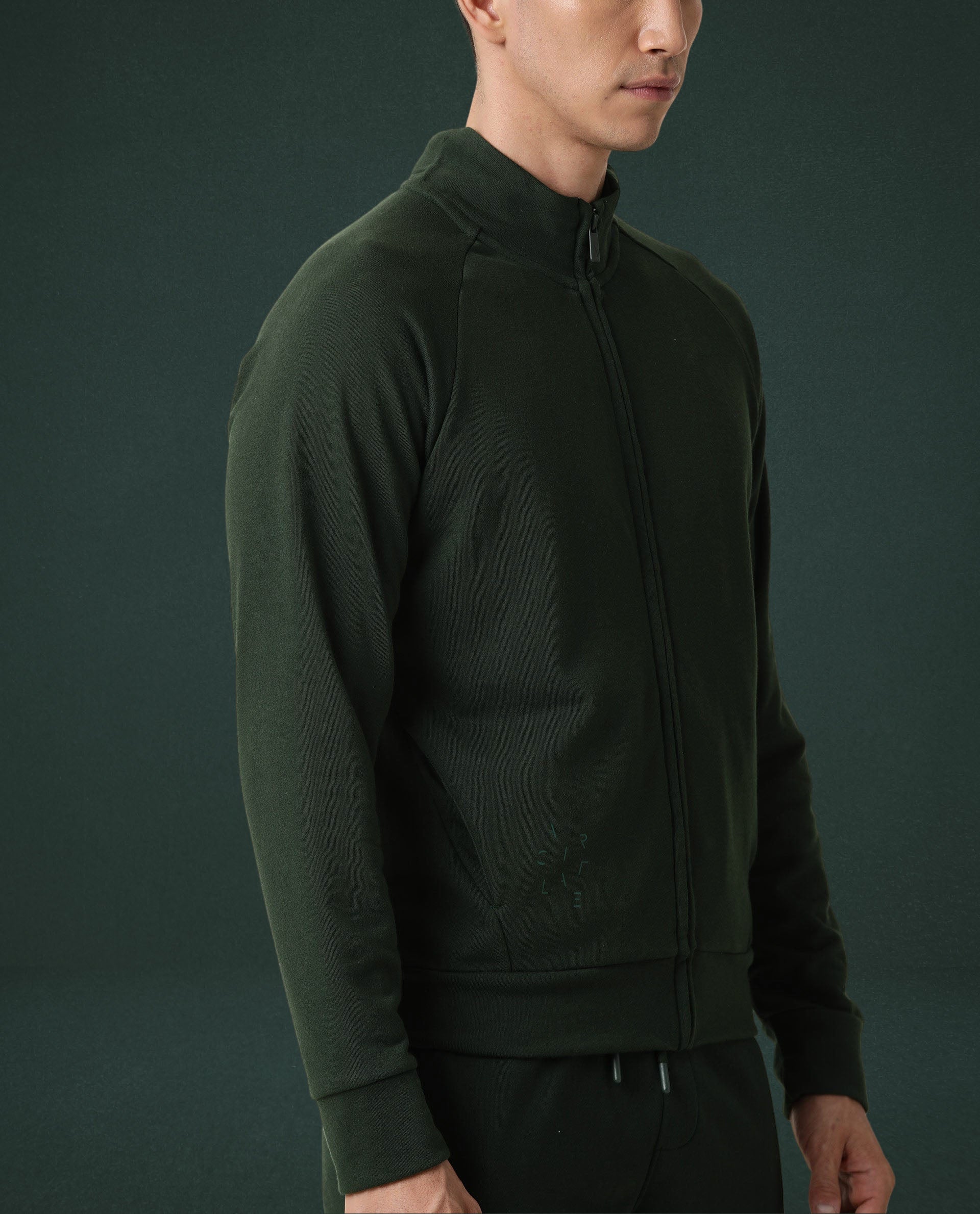 Rare Rabbit Articale Men's Azil Mountain Green High Neck Zip-Up Jacket