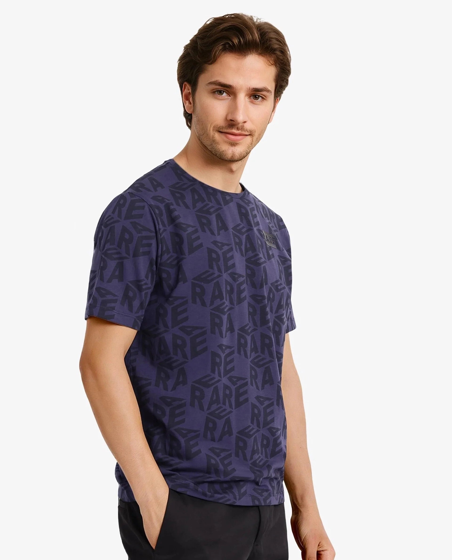 Rare Rabbit Men Azo Dusky Blue Short Sleeve Crew Neck Branded Graphic Print T-Shirt