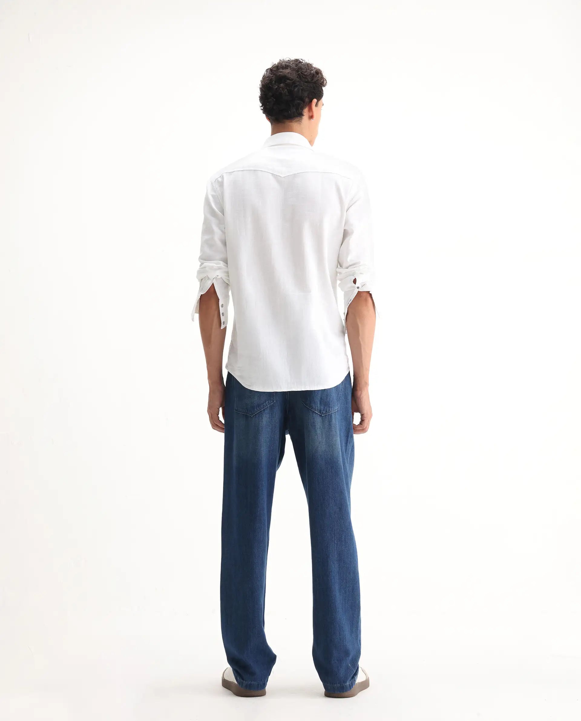 Rare Rabbit Men's Bagg Blue Cotton Plain Baggy Fit Jeans