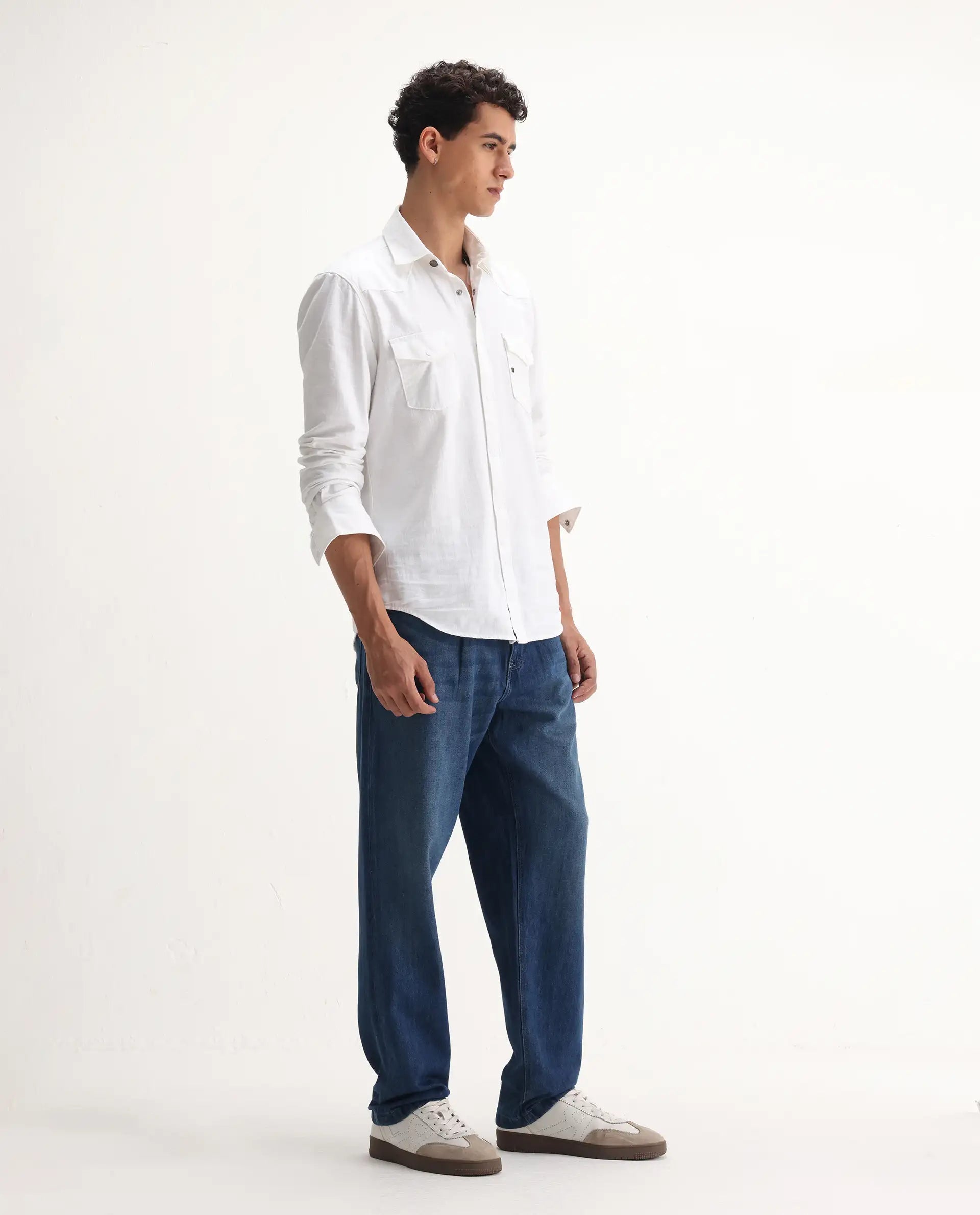 Rare Rabbit Men's Bagg Blue Cotton Plain Baggy Fit Jeans