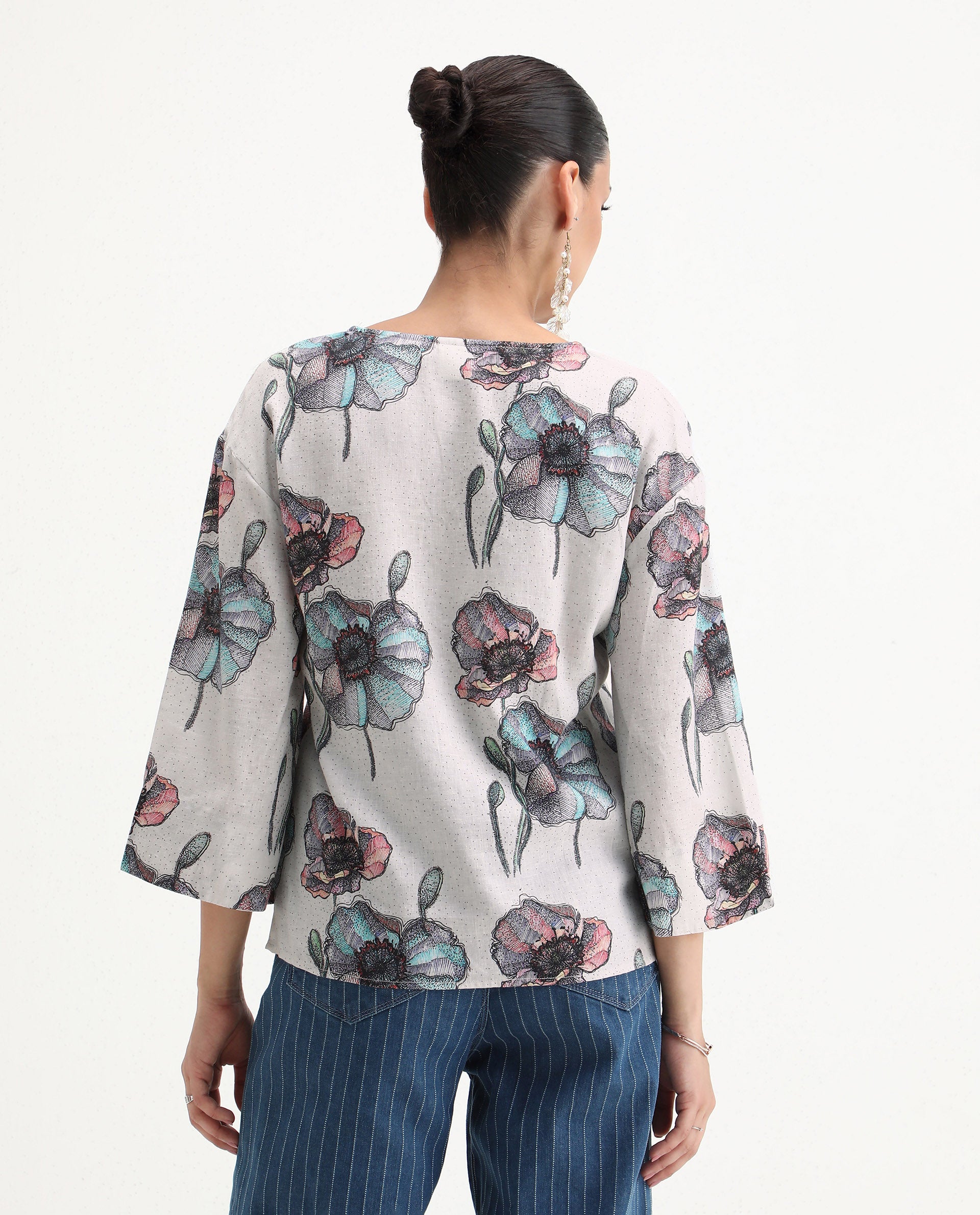 Rareism Women's Baizen Multi Cotton Linen Tie-Up Neck Floral Print Bell Sleeve Regular Fit Top