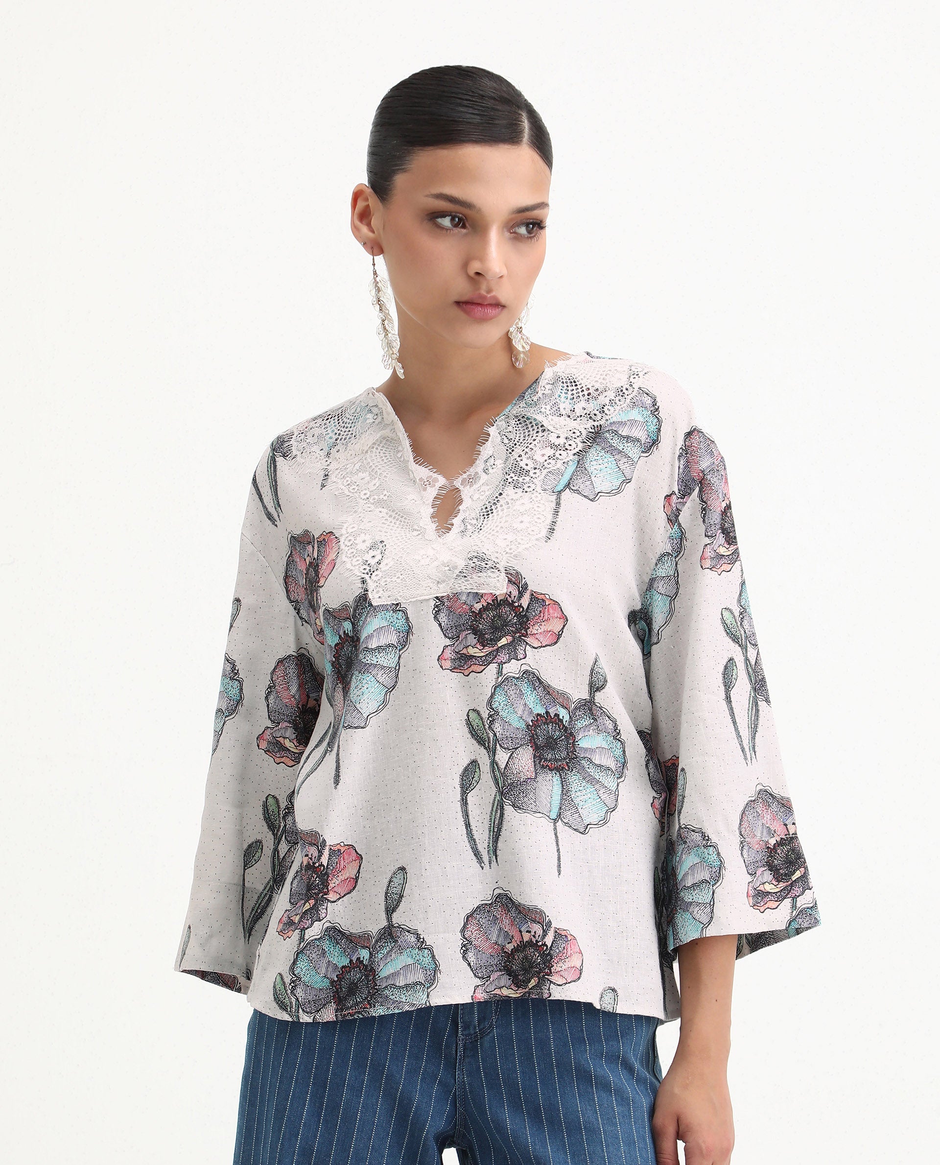 Rareism Women's Baizen Multi Cotton Linen Tie-Up Neck Floral Print Bell Sleeve Regular Fit Top