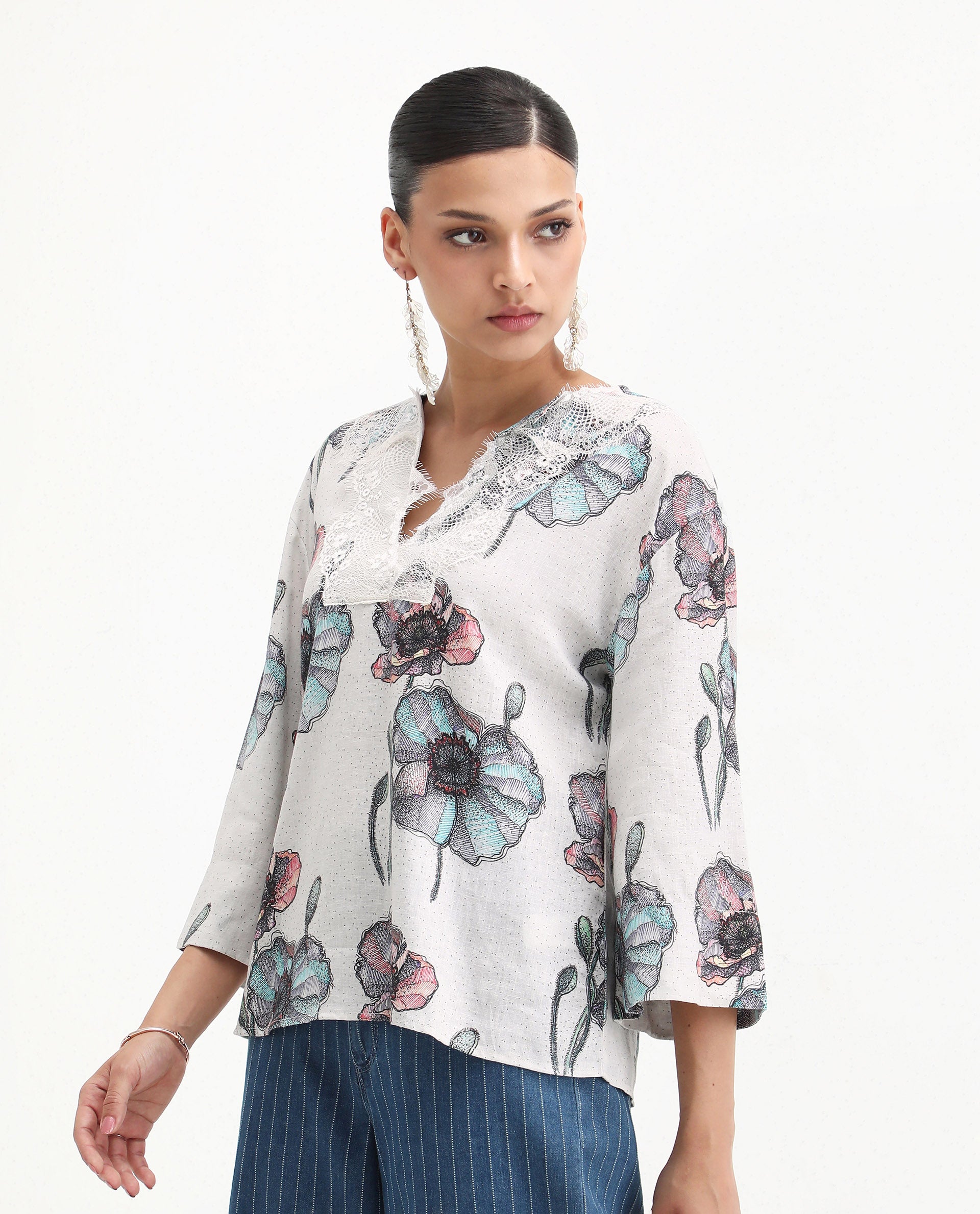 Rareism Women's Baizen Multi Cotton Linen Tie-Up Neck Floral Print Bell Sleeve Regular Fit Top