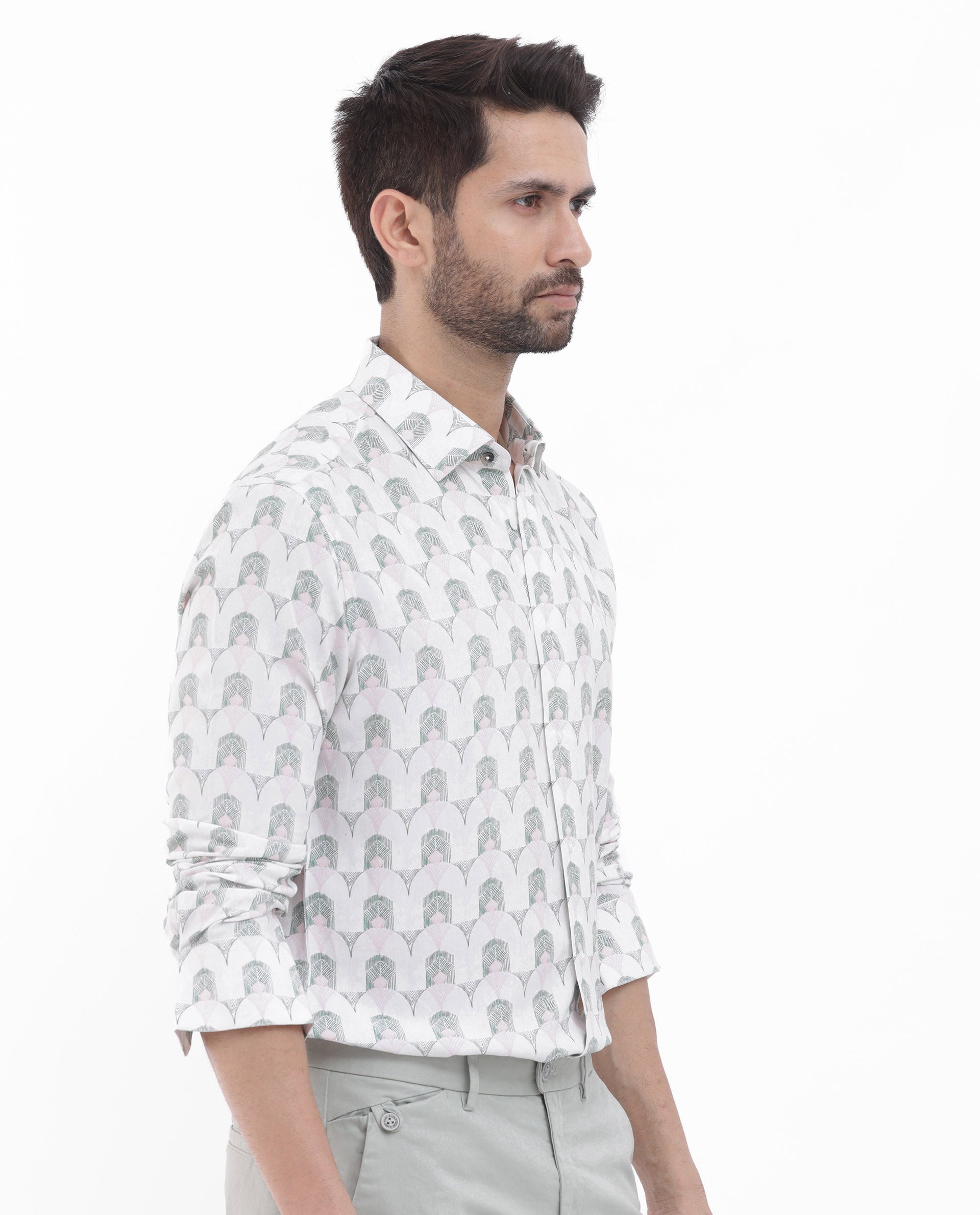 Rare Rabbit Mens Balic Pastel Green Full Sleeve Geometric Printed Shirt