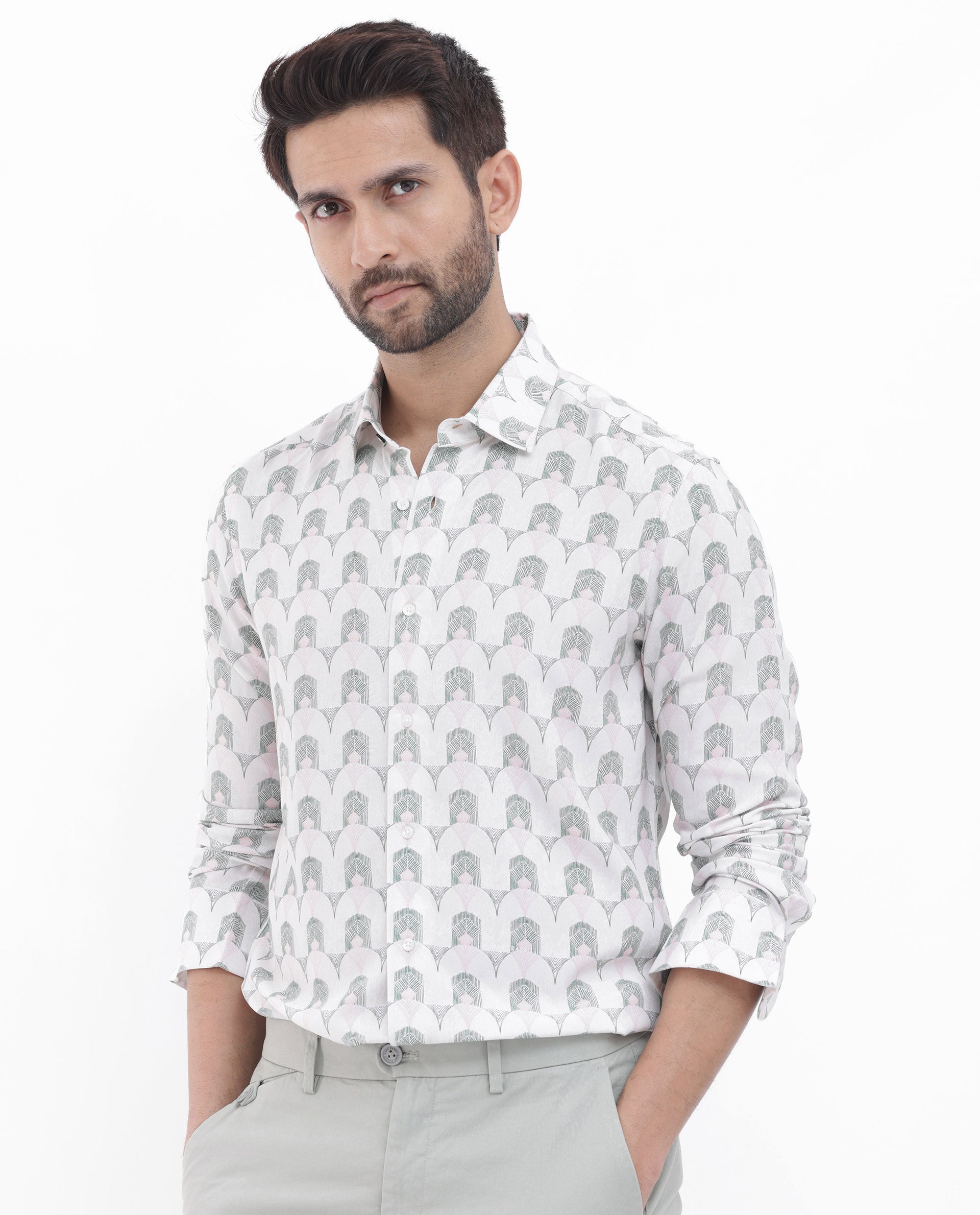 Rare Rabbit Mens Balic Pastel Green Full Sleeve Geometric Printed Shirt