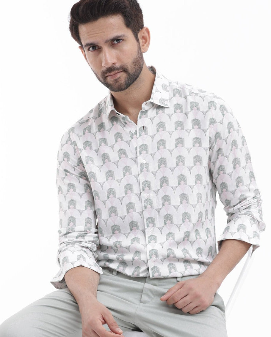 Rare Rabbit Mens Balic Pastel Green Full Sleeve Geometric Printed Shirt
