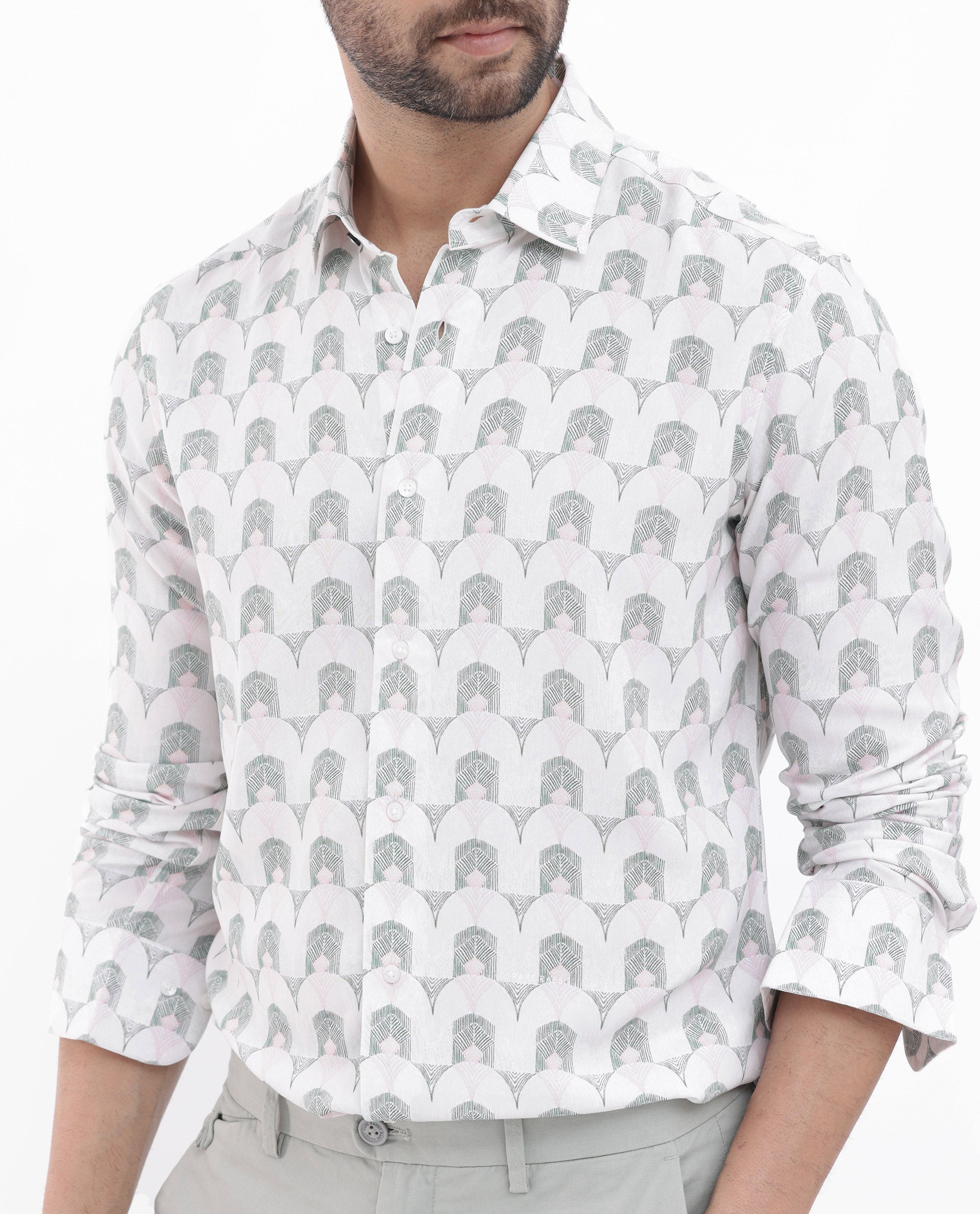 Rare Rabbit Mens Balic Pastel Green Full Sleeve Geometric Printed Shirt