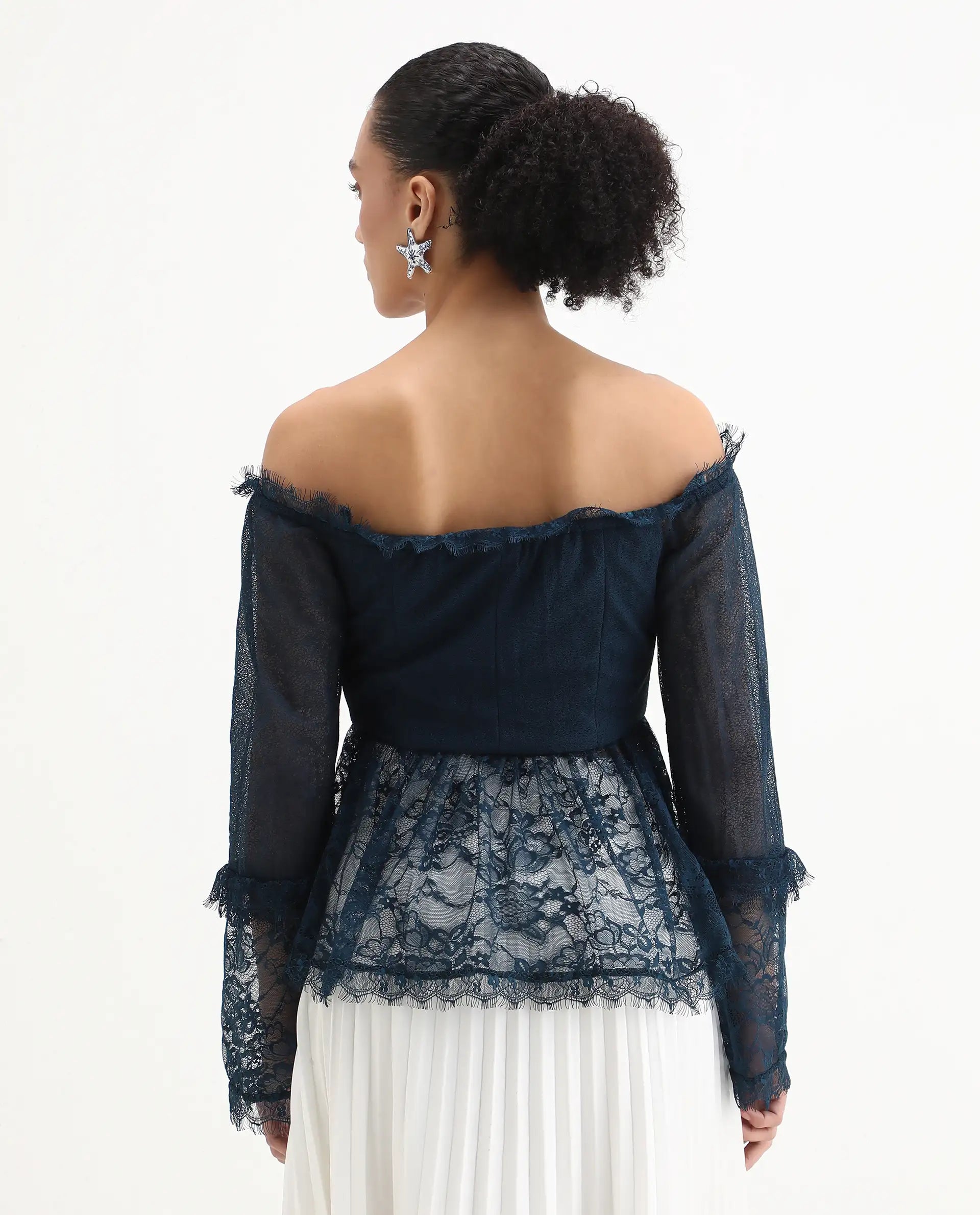 Rareism Women's Balikesar Blue Polyester Off Shoulder Plain Flared Sleeve Flared Top