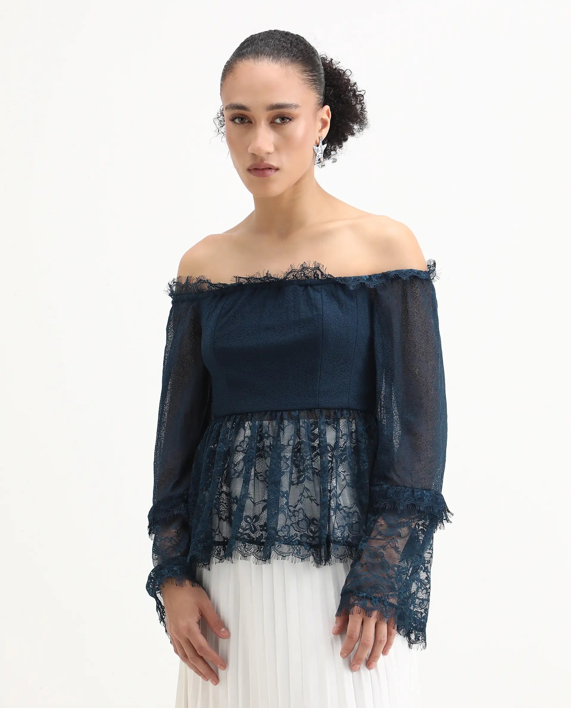 Rareism Women's Balikesar Blue Polyester Off Shoulder Plain Flared Sleeve Flared Top