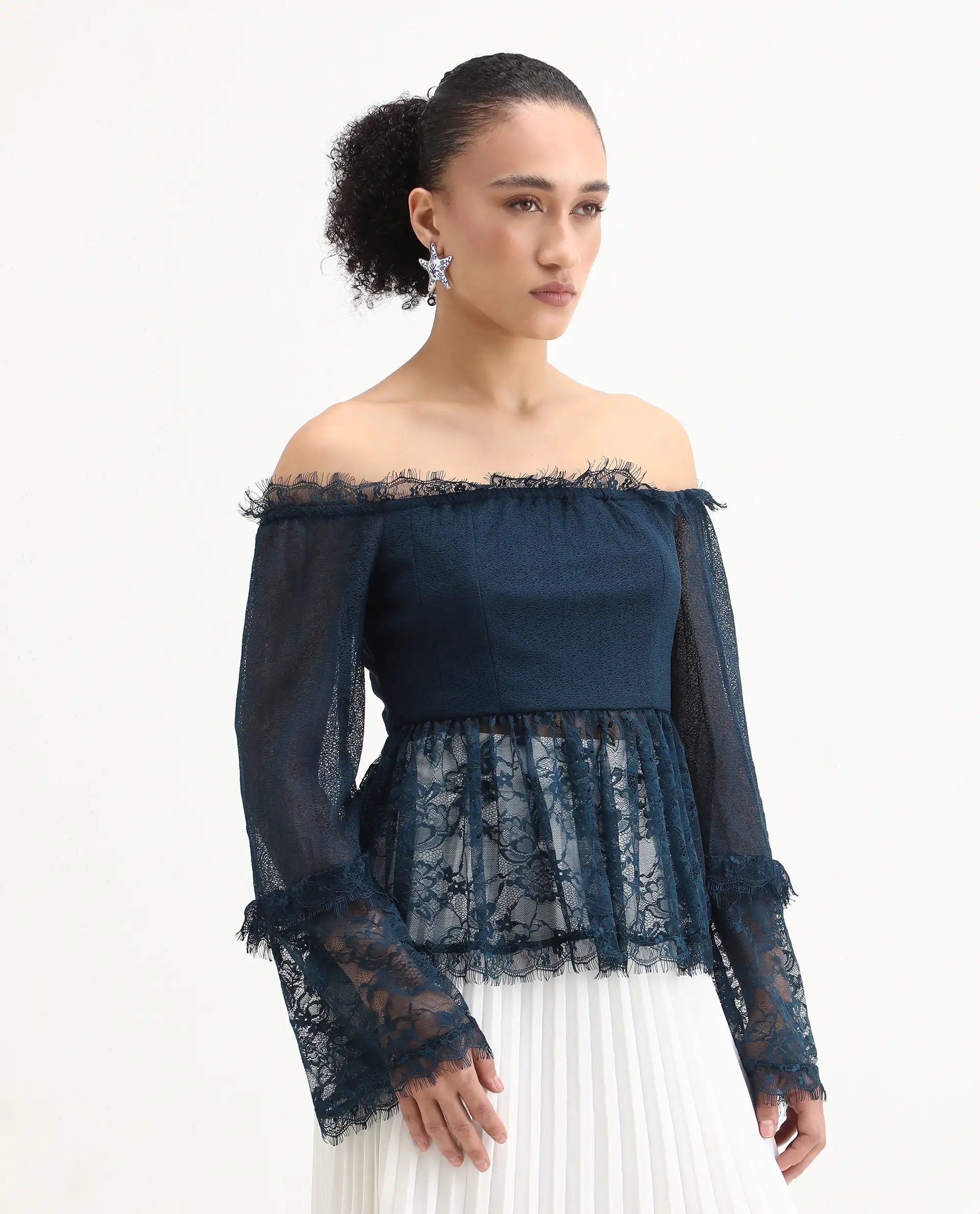 Rareism Women's Balikesar Blue Polyester Off Shoulder Plain Flared Sleeve Flared Top