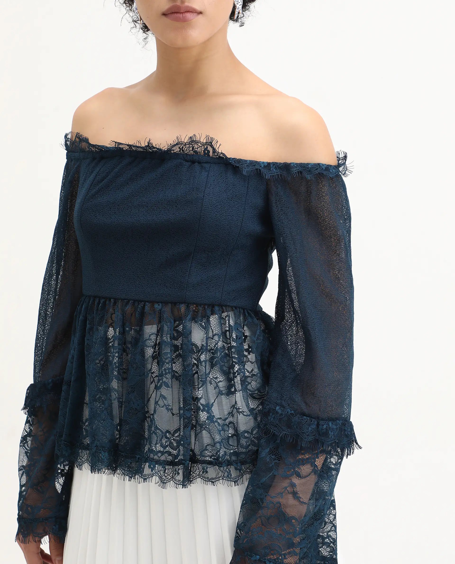 Rareism Women's Balikesar Blue Polyester Off Shoulder Plain Flared Sleeve Flared Top