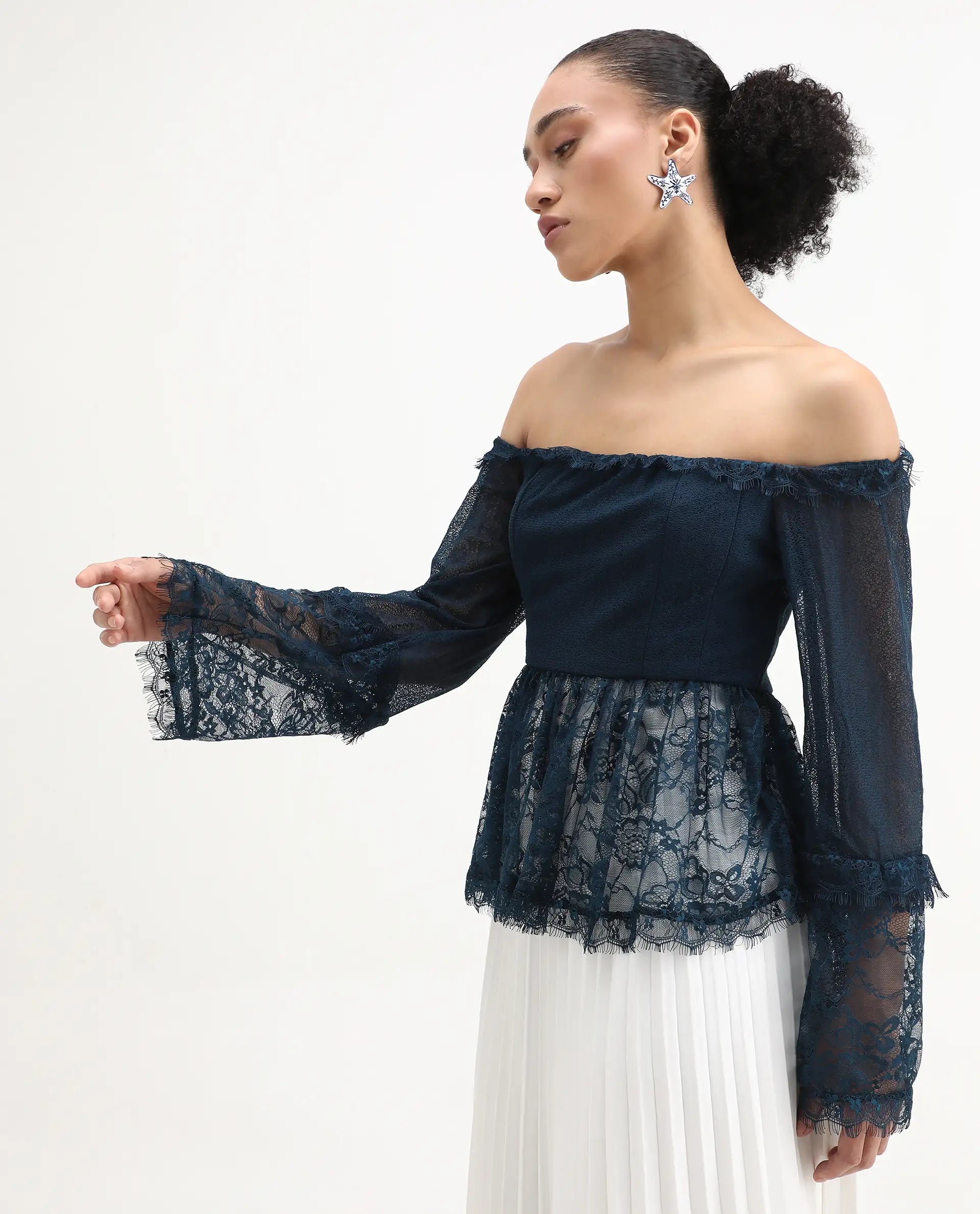 Rareism Women's Balikesar Blue Polyester Off Shoulder Plain Flared Sleeve Flared Top