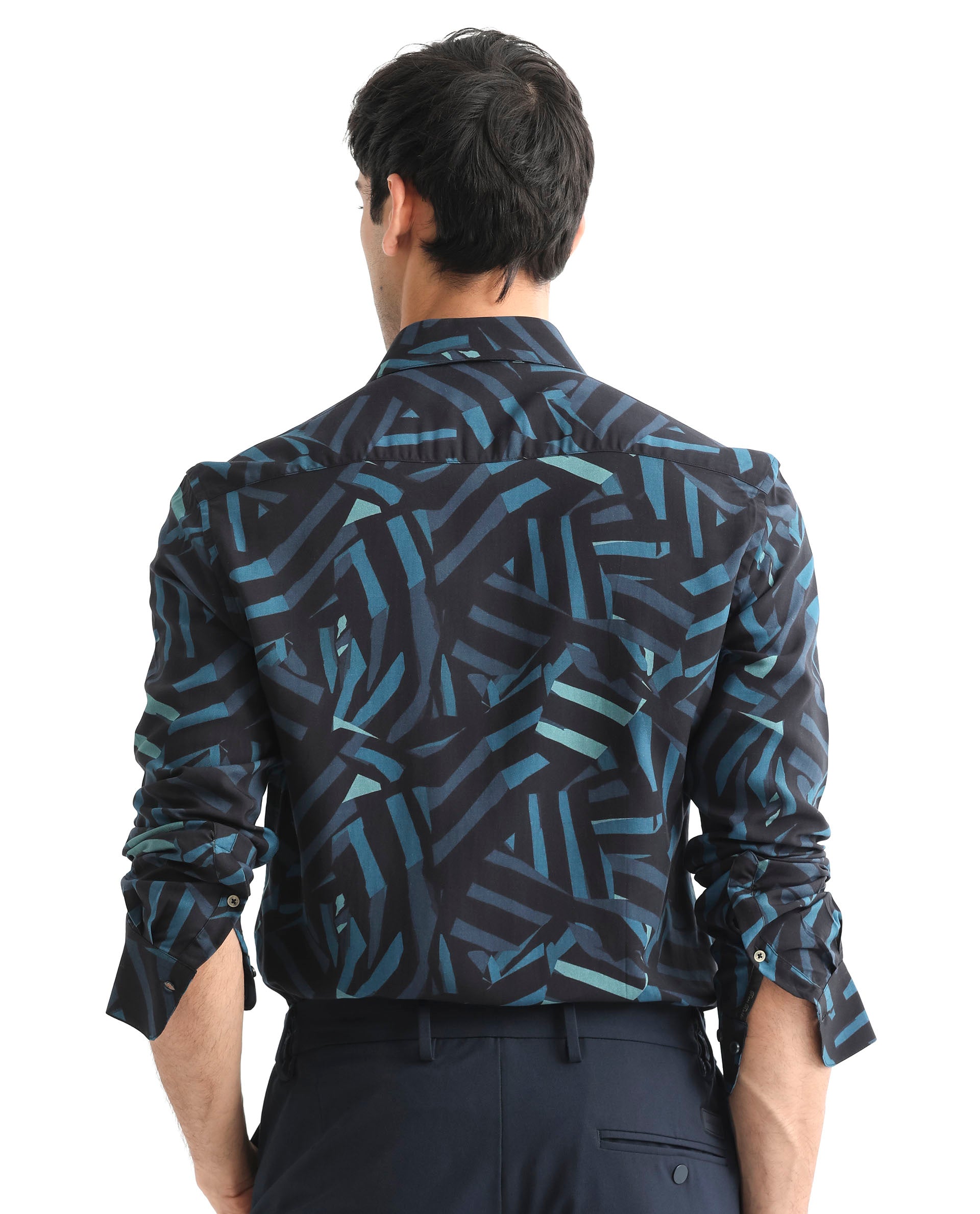 Rare Rabbit Men's Ballet Black Viscose Fabric Collared Neck Full Sleeves Abstract Print Shirt