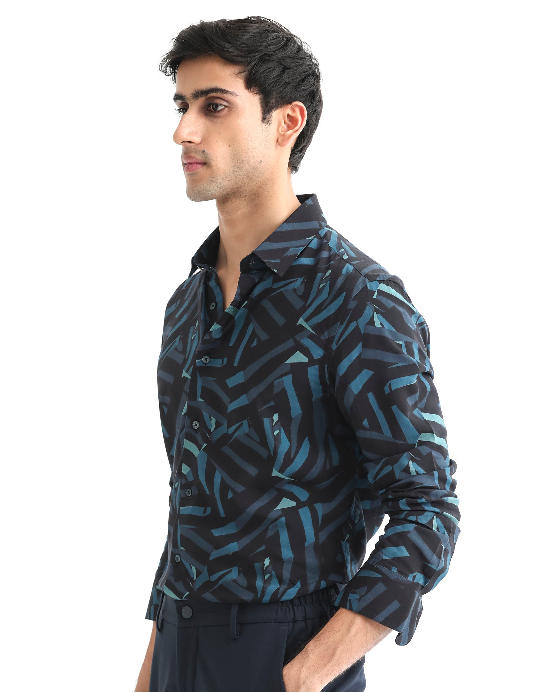 Rare Rabbit Men's Ballet Black Viscose Fabric Collared Neck Full Sleeves Abstract Print Shirt