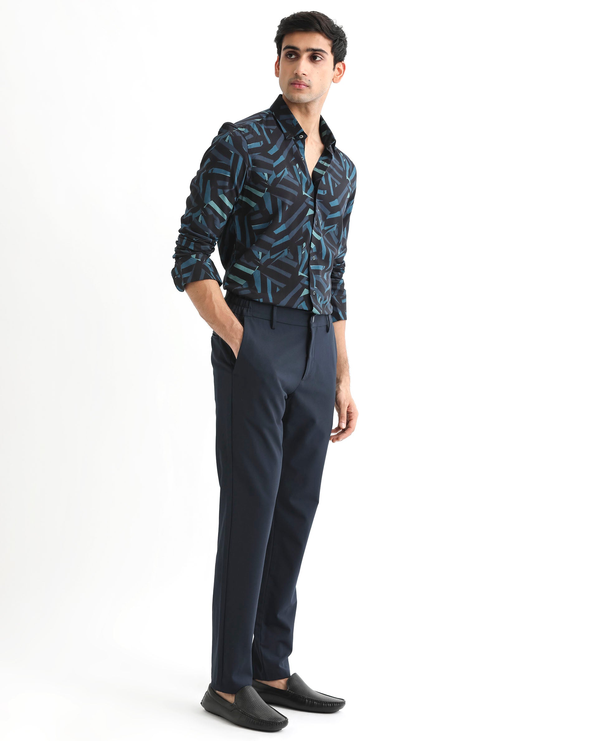 Rare Rabbit Men's Ballet Black Viscose Fabric Collared Neck Full Sleeves Abstract Print Shirt