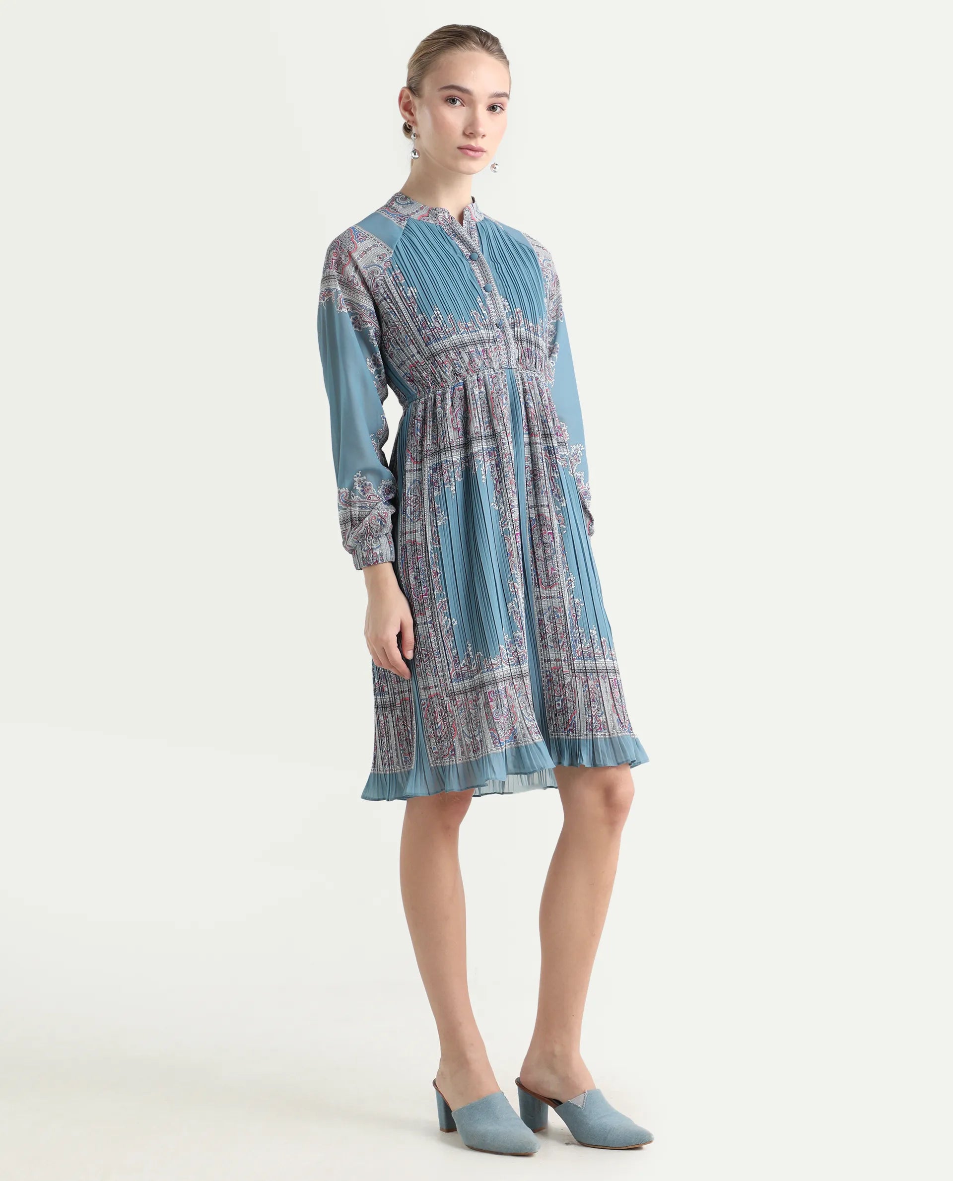 Rareism Women's Bandene Dusky Blue Polyester Mandarin Collar Bandana Print Raglan Sleeve Knee Length A-Line Dress