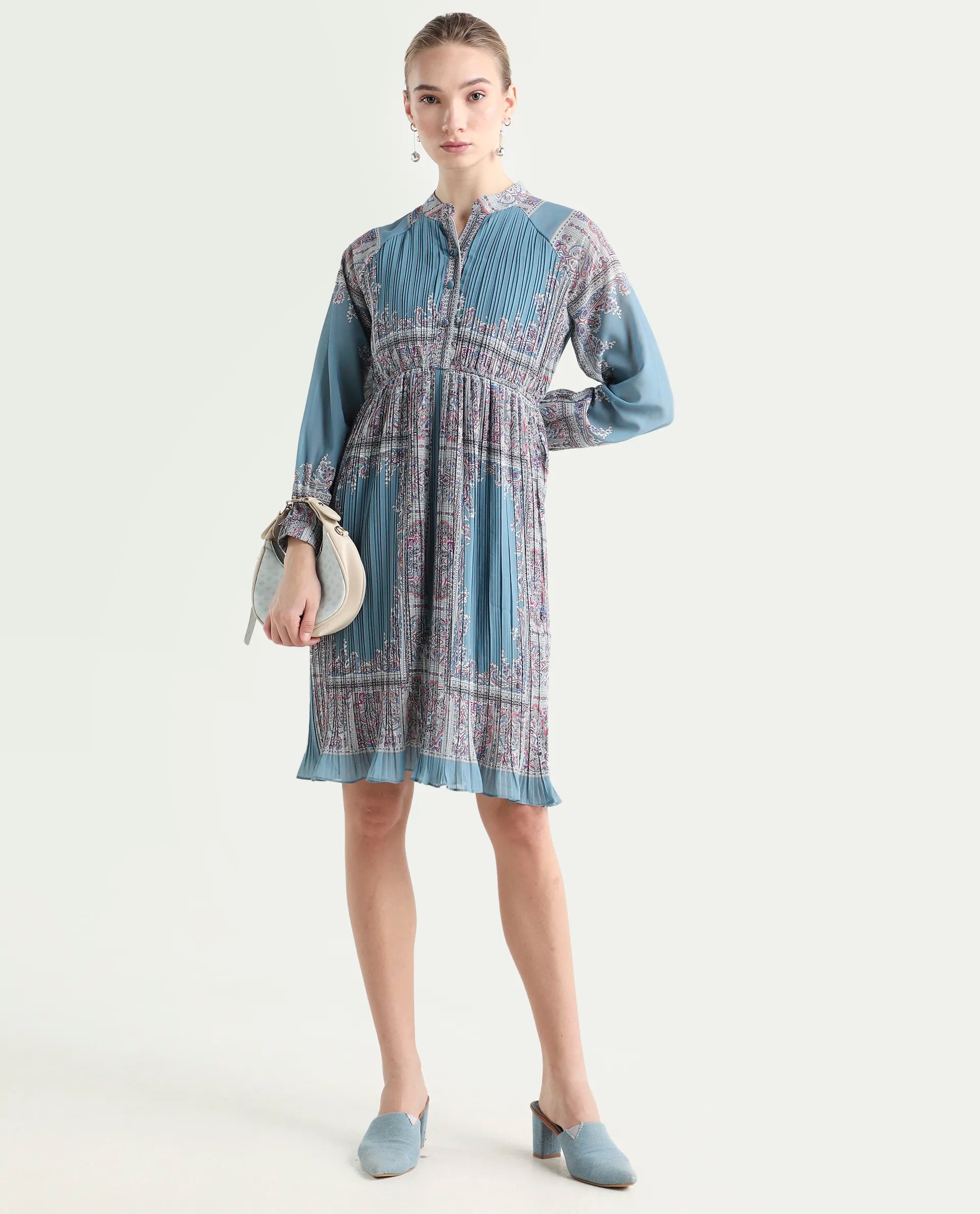 Rareism Women's Bandene Dusky Blue Polyester Mandarin Collar Bandana Print Raglan Sleeve Knee Length A-Line Dress