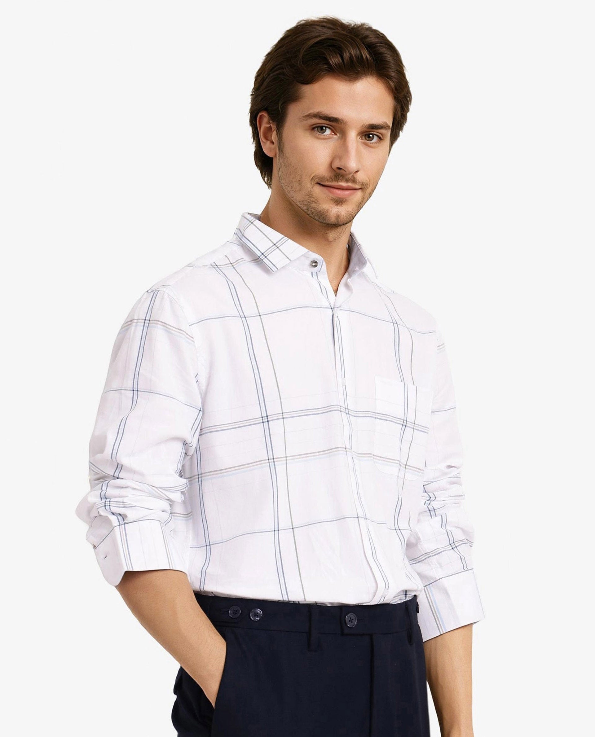 Rare Rabbit Men Banjo White Full Sleeve Collared Neck Button Closure Regular Fit Checks Shirt