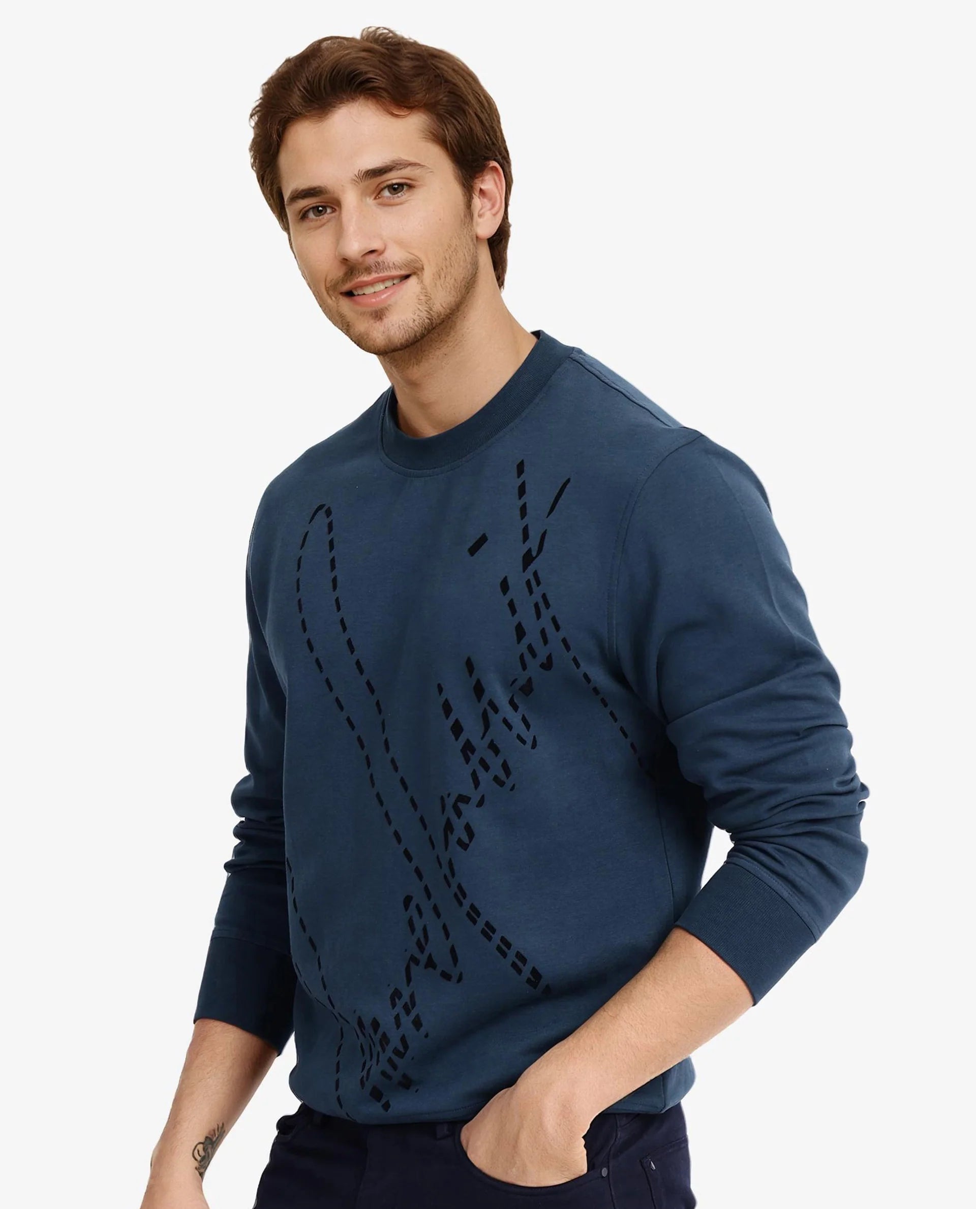 Rare Rabbit Men Barak Teal Full Sleeve Crew Neck Slim Fit Signature Print Sweatshirt