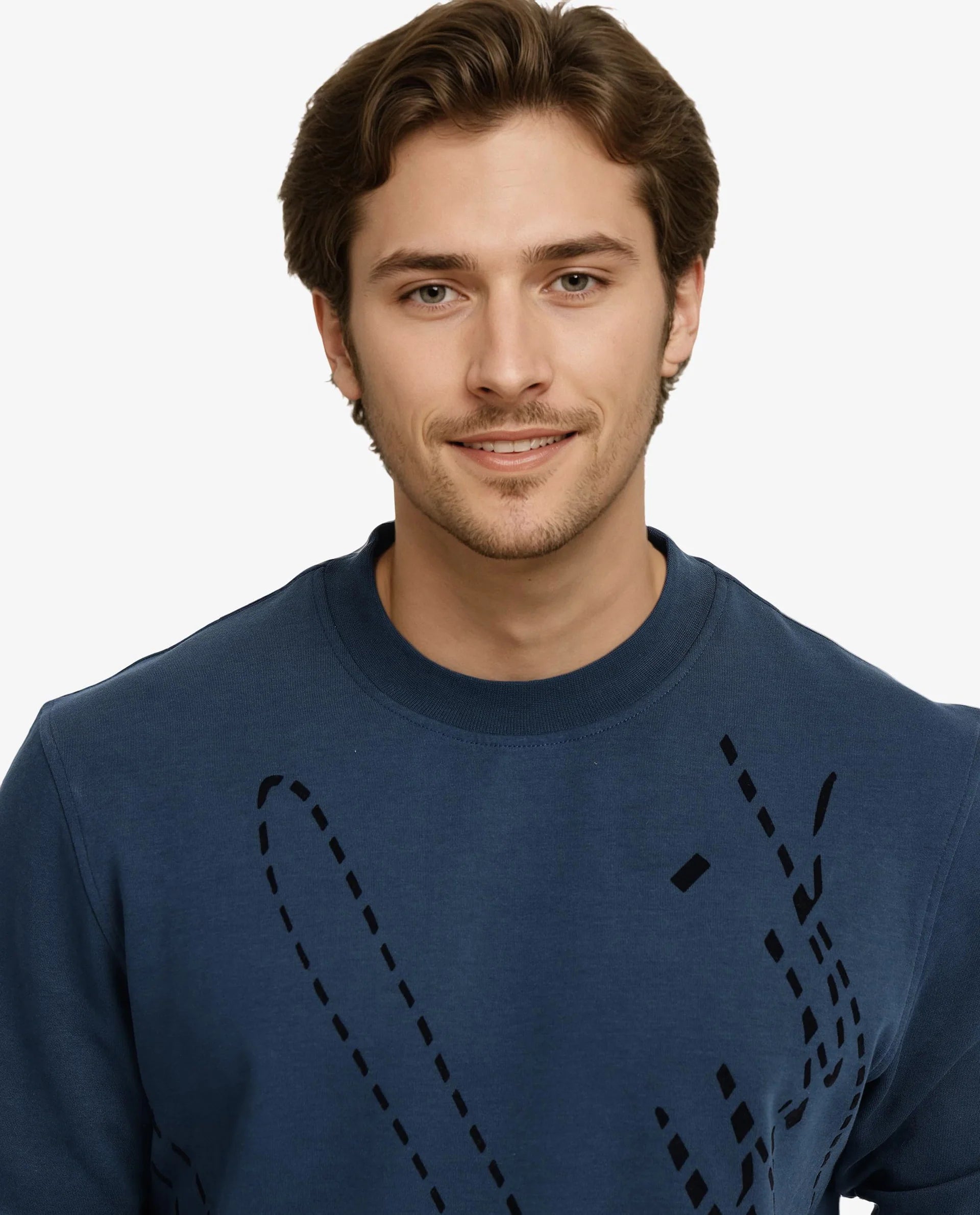 Rare Rabbit Men Barak Teal Full Sleeve Crew Neck Slim Fit Signature Print Sweatshirt